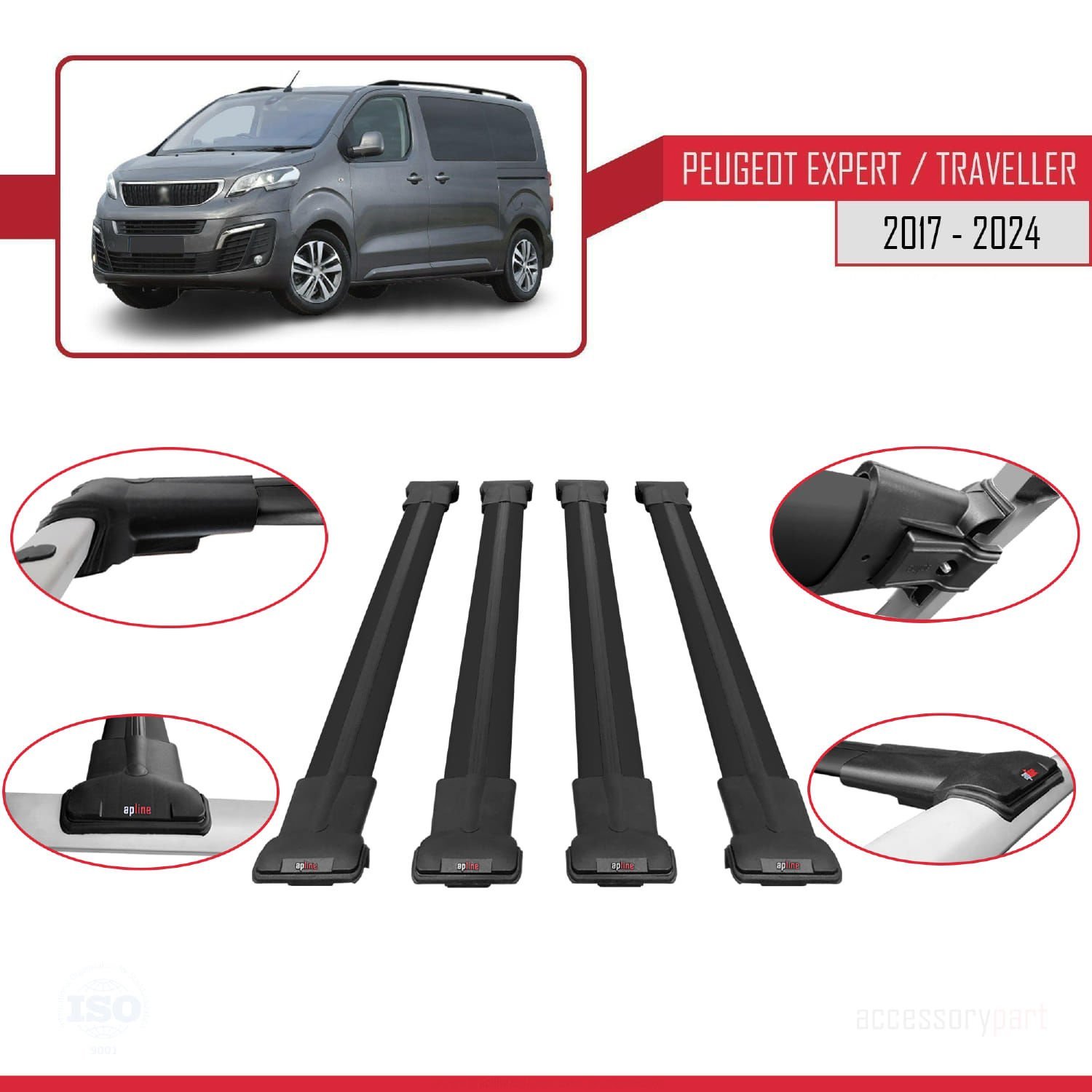 Peugeot Expert - Traveller 2017 ve Sonrası ile uyumlu FLY Model Ara Atkı Tavan Barı SİYAH 4 ADET BAR