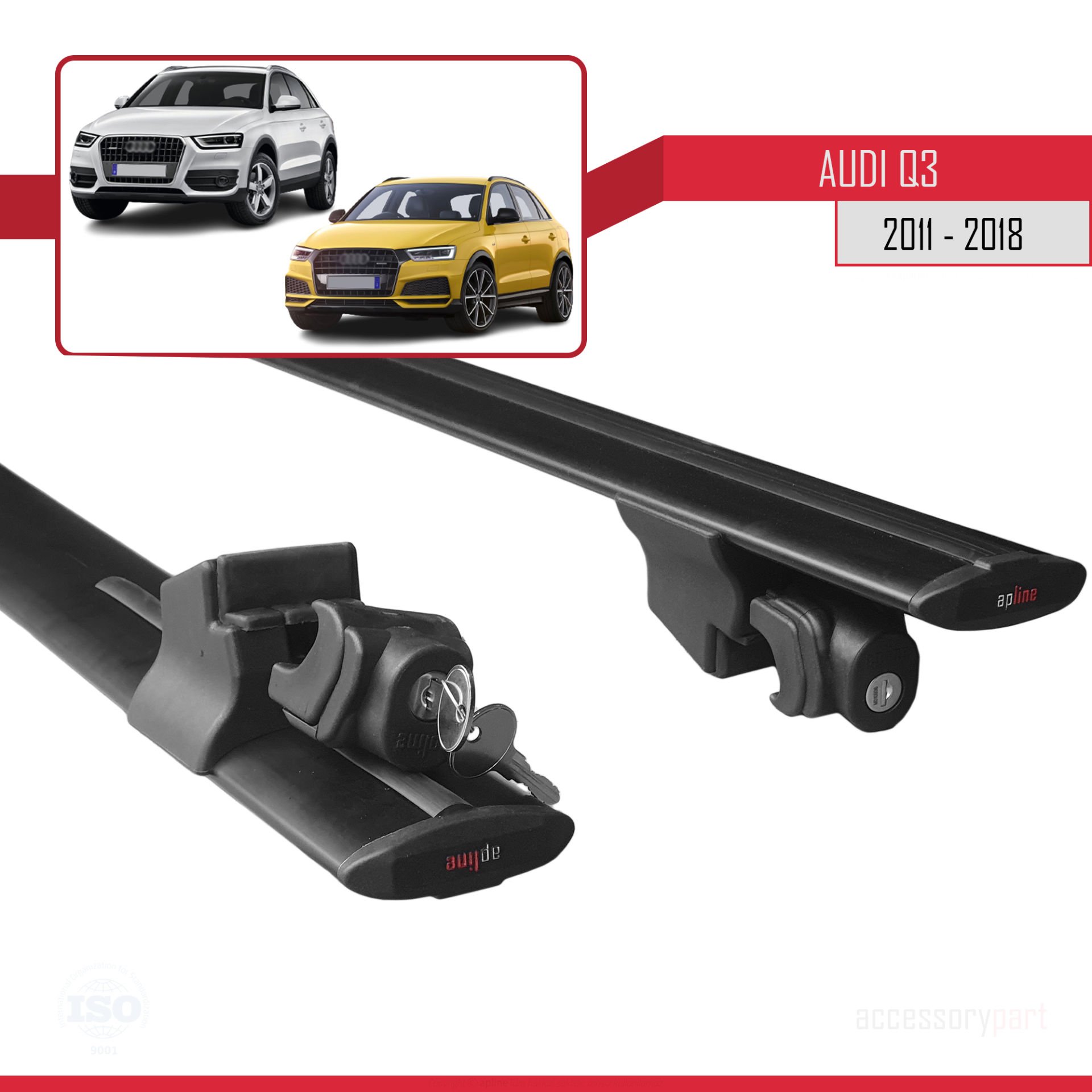 Audi Q3 2011-2018 Arası ile uyumlu HOOK Model Anahtar Kilitli Ara Atkı Tavan Barı SİYAH