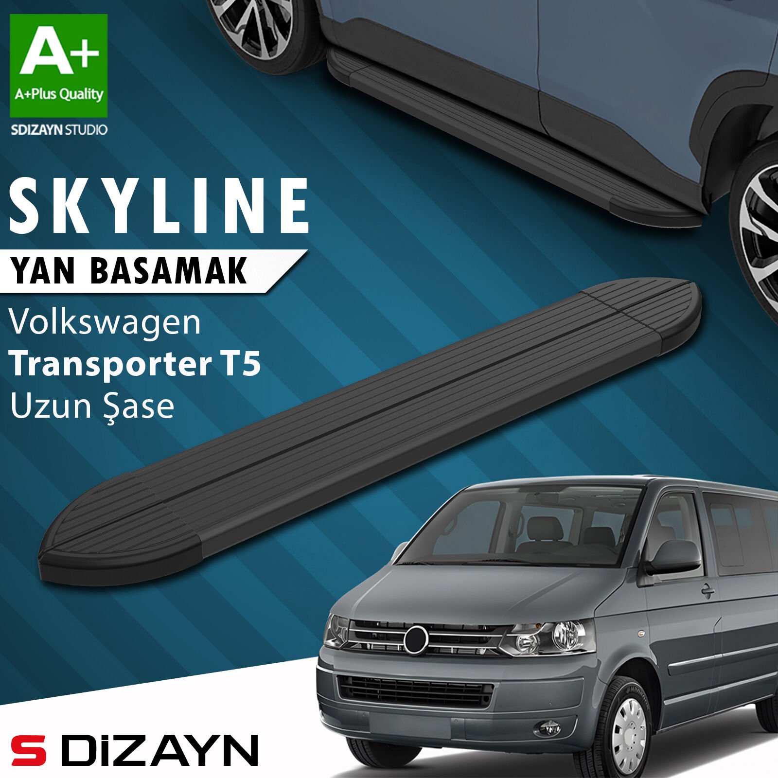 S-Dizayn VW Transporter T5 Uzun Şase Skyline Siyah Yan Basamak 253 Cm 2003-2015 A+ Kalite