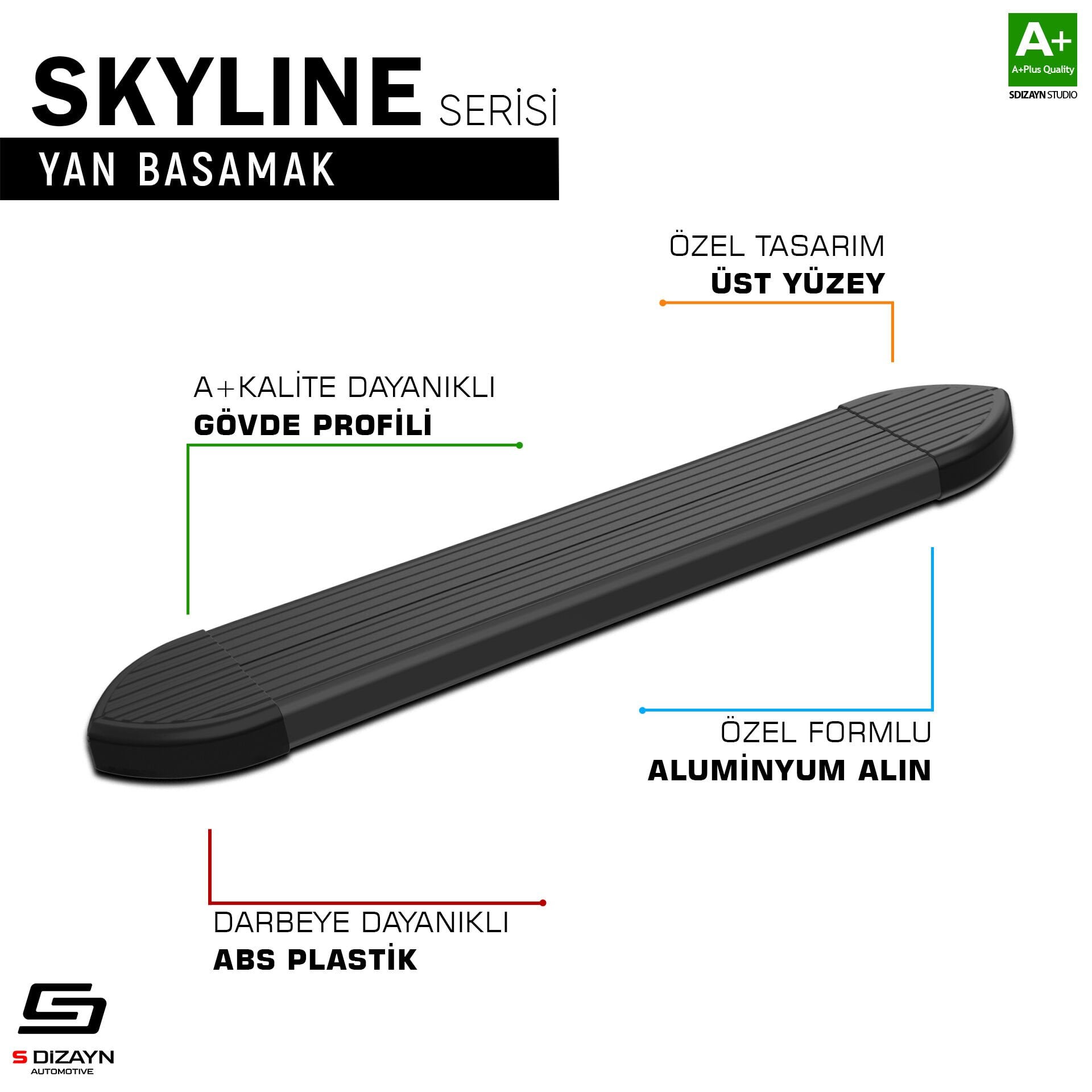 S-Dizayn VW Transporter T5 Uzun Şase Skyline Siyah Yan Basamak 253 Cm 2003-2015 A+ Kalite