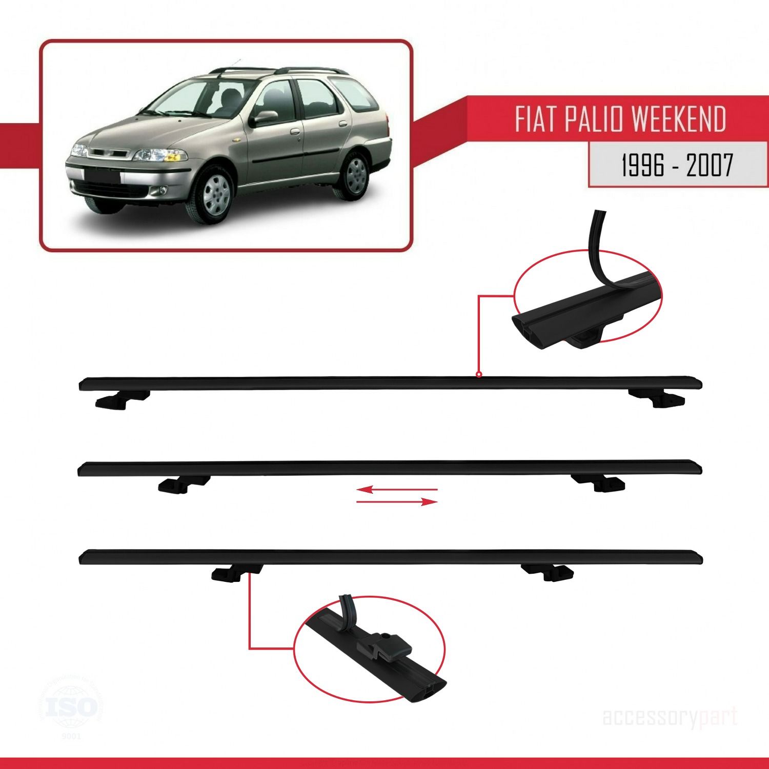 Fiat Palio WEEKEND 1996-2007 Arası ile uyumlu Basic Model Ara Atkı Tavan Barı SİYAH 3 ADET