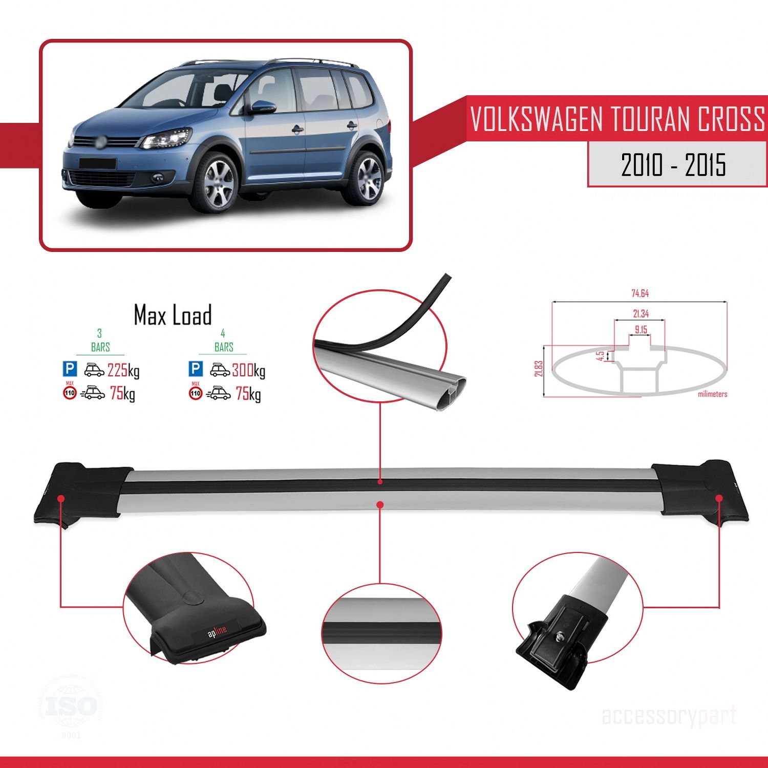 Volkswagen Touran CROSS 2010-2015 Arası ile Uyumlu FLY Model Ara Atkı Tavan Barı GRİ 3 ADET BAR