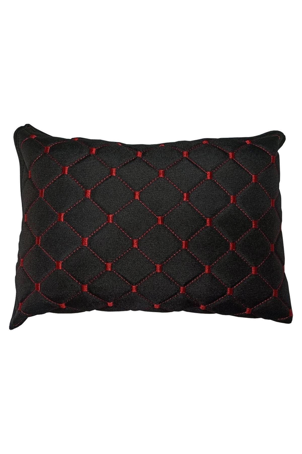 Oto Yastık Boyun Bel Destek Yastığı Polar Örtü Omuz Şalı Çok Amaçlı Kırmızı Nakışlı Siyah Yastık