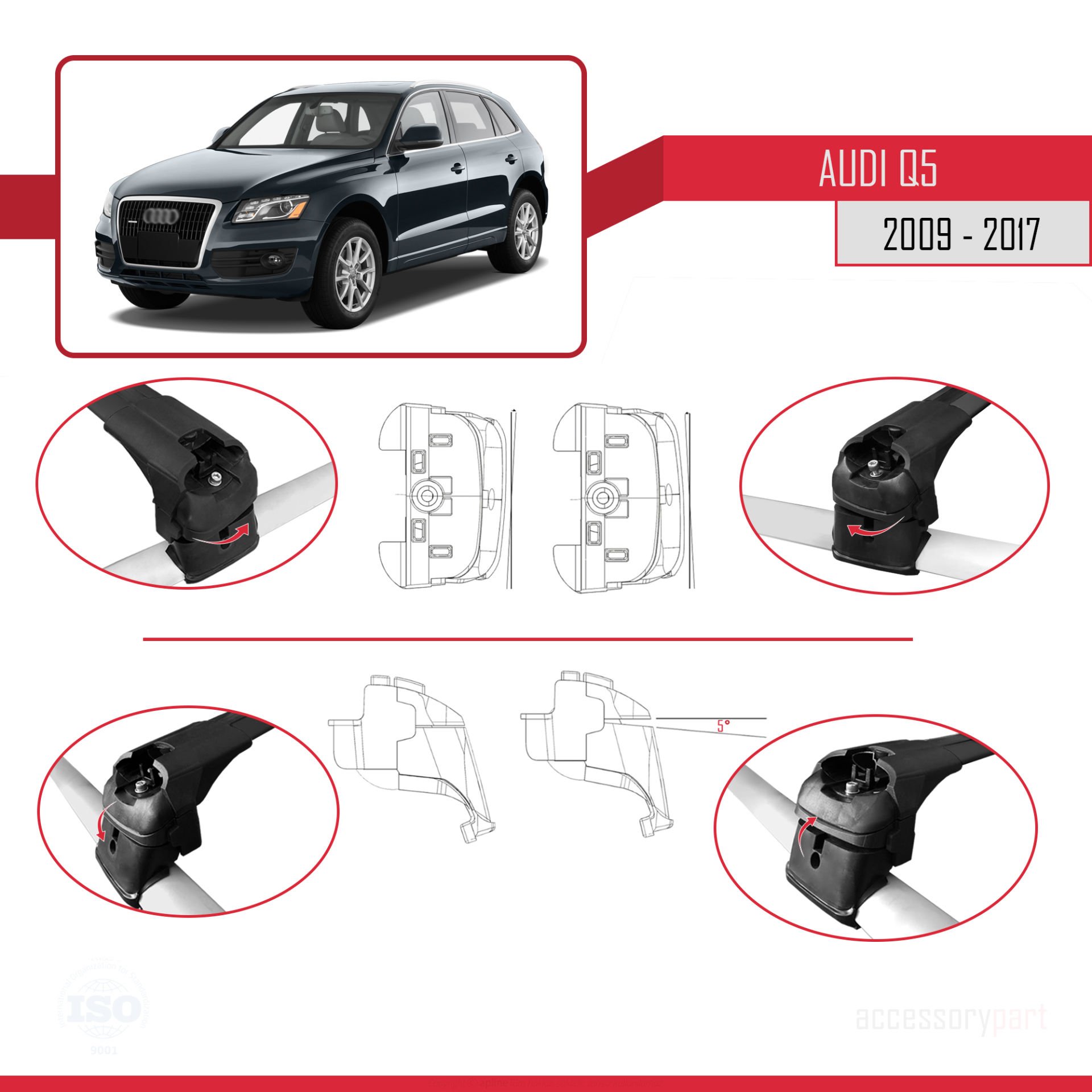 Audi Q5 (8R) 2009-2017 Arası ile uyumlu ACE-2 Ara Atkı Tavan Barı SİYAH