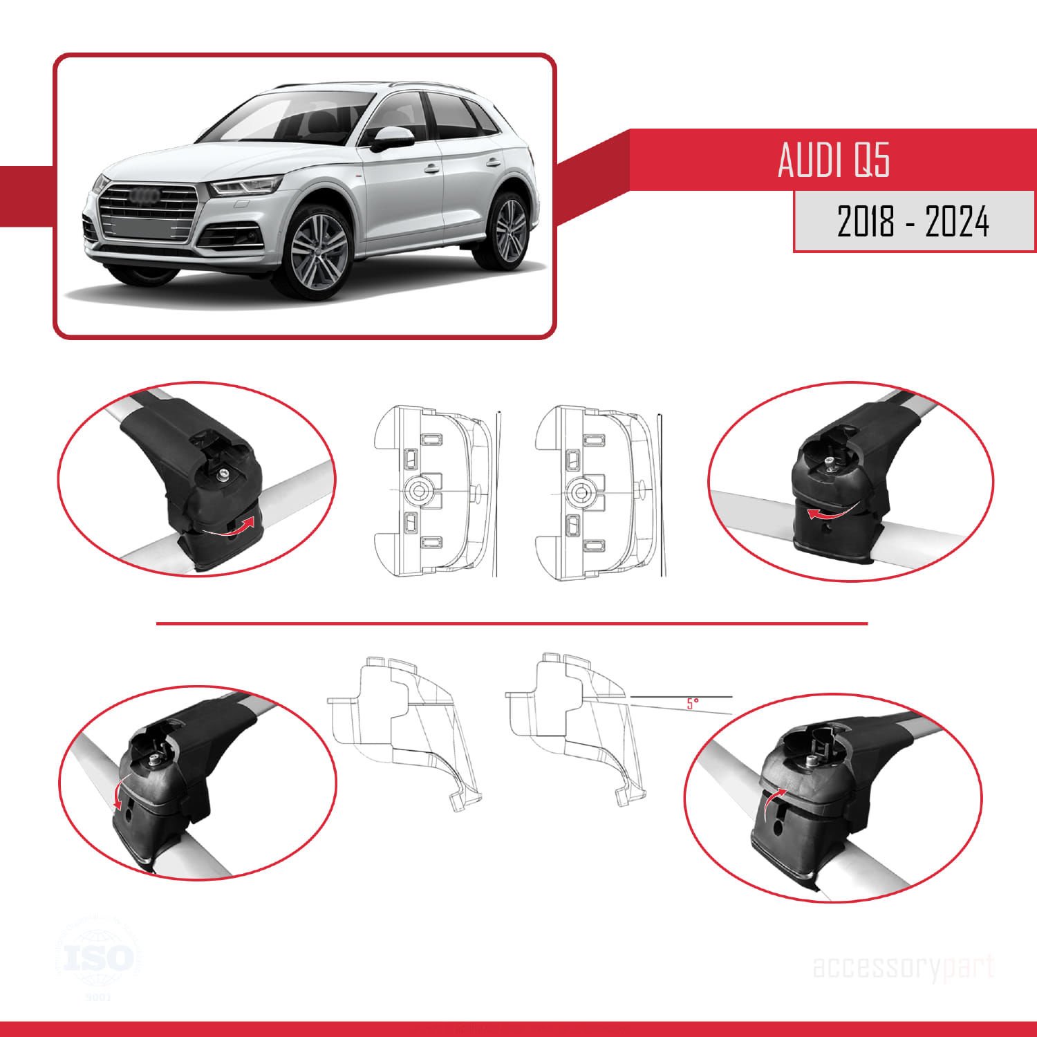 Audi Q5 (FY) 2018 ve Sonrası ile uyumlu ACE-2 Ara Atkı Tavan Barı GRİ