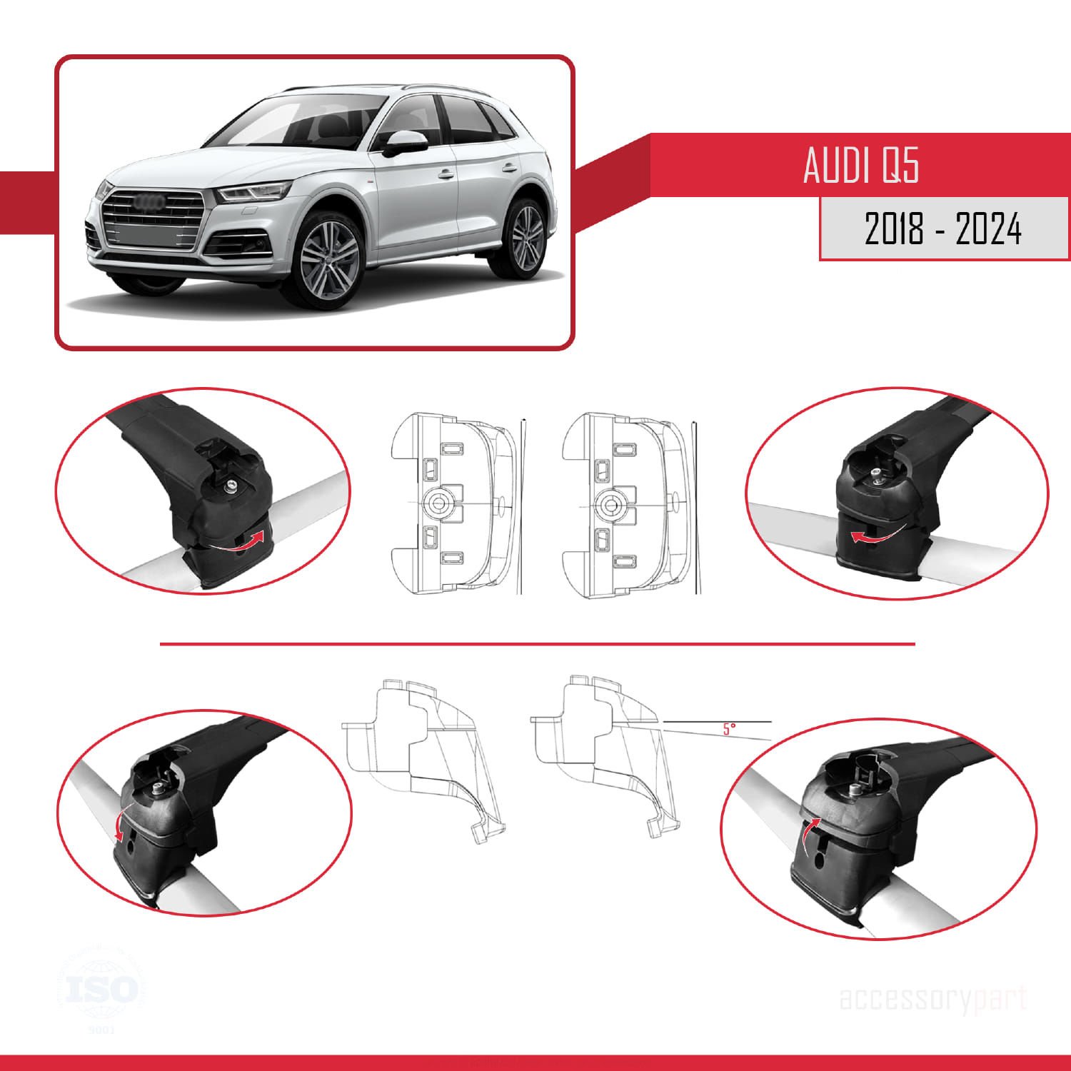 Audi Q5 (FY) 2018 ve Sonrası ile uyumlu ACE-2 Ara Atkı Tavan Barı SİYAH