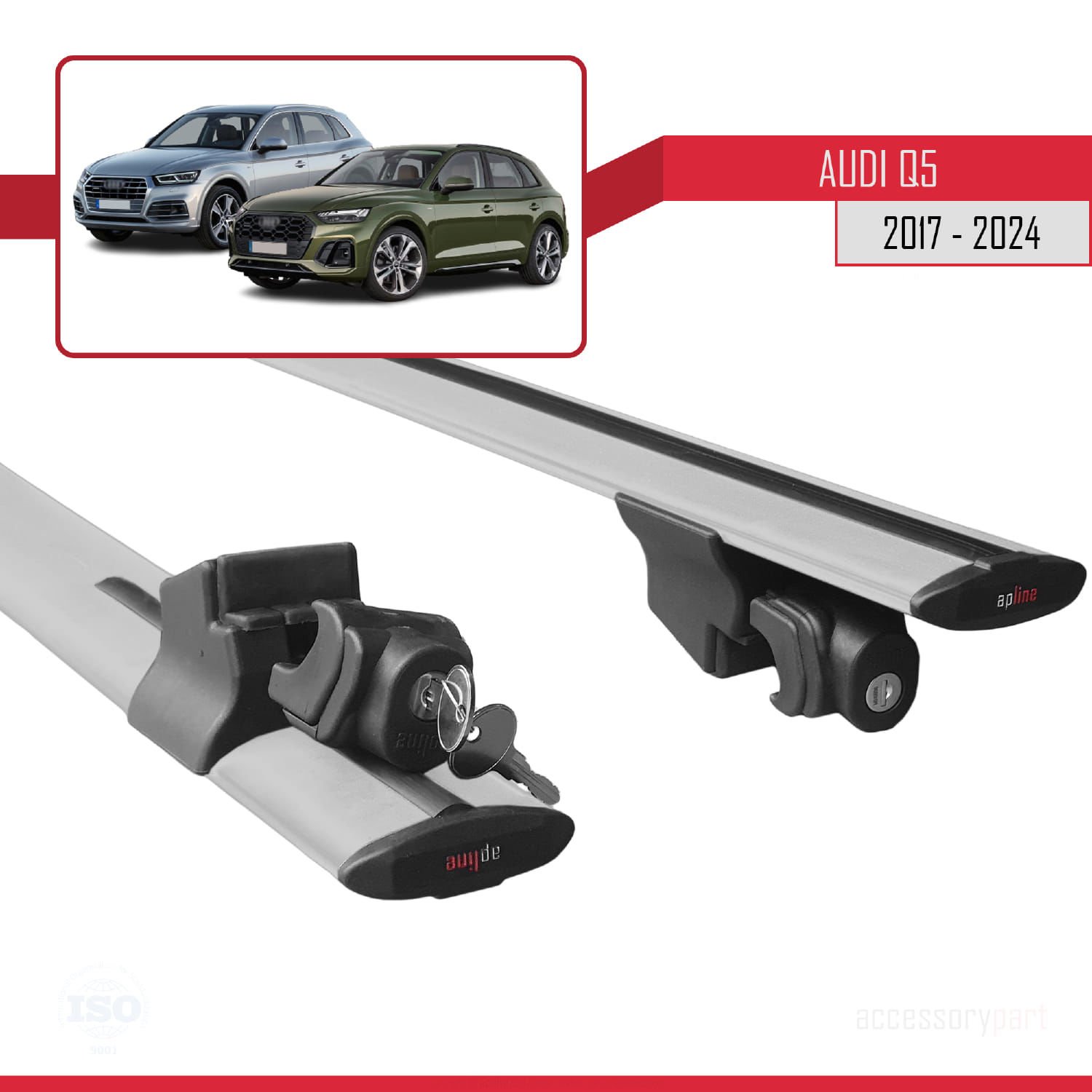 Audi Q5 2017 ve Sonrası ile uyumlu HOOK Model Anahtar Kilitli Ara Atkı Tavan Barı GRİ