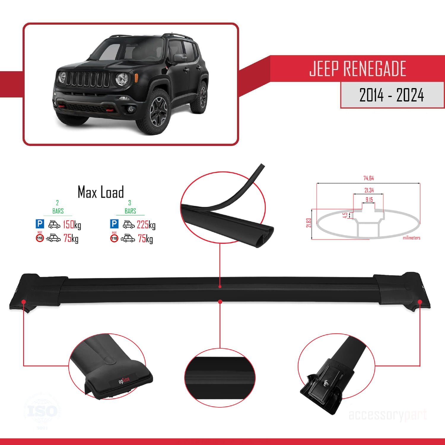 Jeep Renegade 2014 ve Sonrası ile Uyumlu FLY Model Ara Atkı Tavan Barı SİYAH