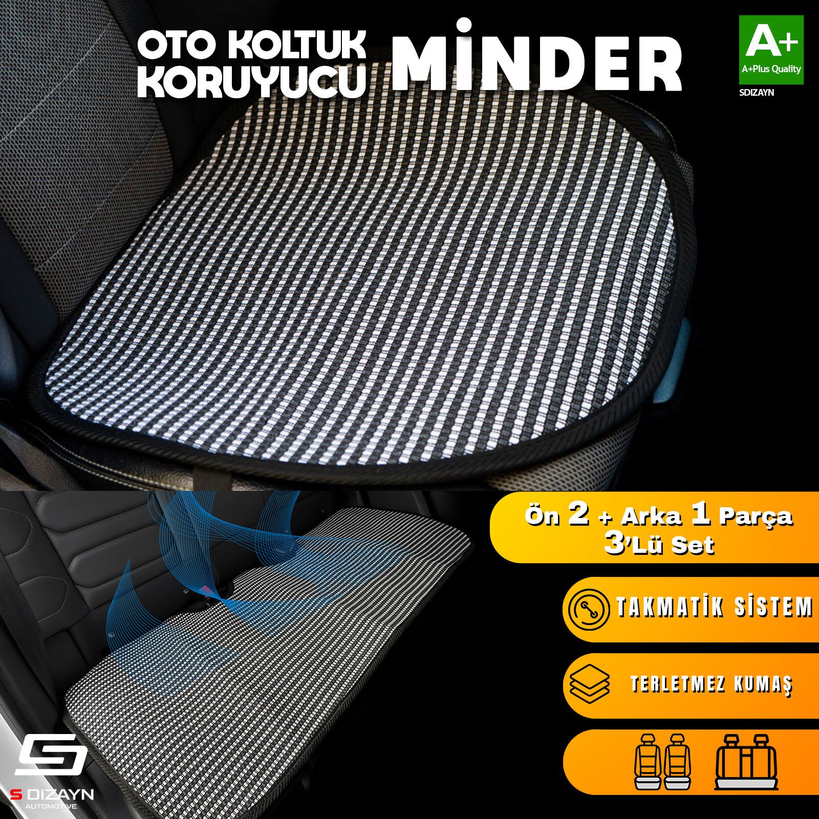 S-Dizayn Oto Koltuk Koruyucu Alt Minder Çizgili Füme Beyaz Universal 2+1 Parça Ön Arka A+ Kalite