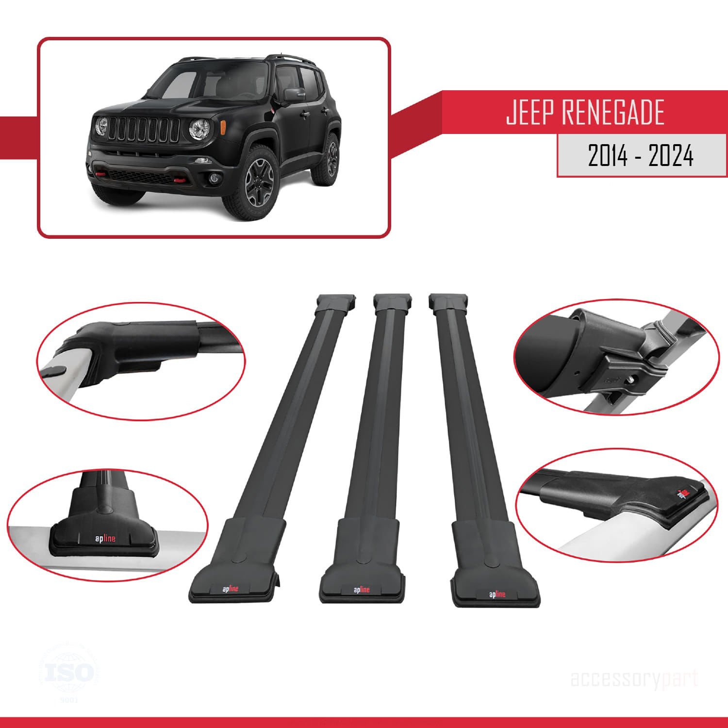 Jeep Renegade 2014 ve Sonrası ile Uyumlu FLY Model Ara Atkı Tavan Barı SİYAH 3 ADET BAR