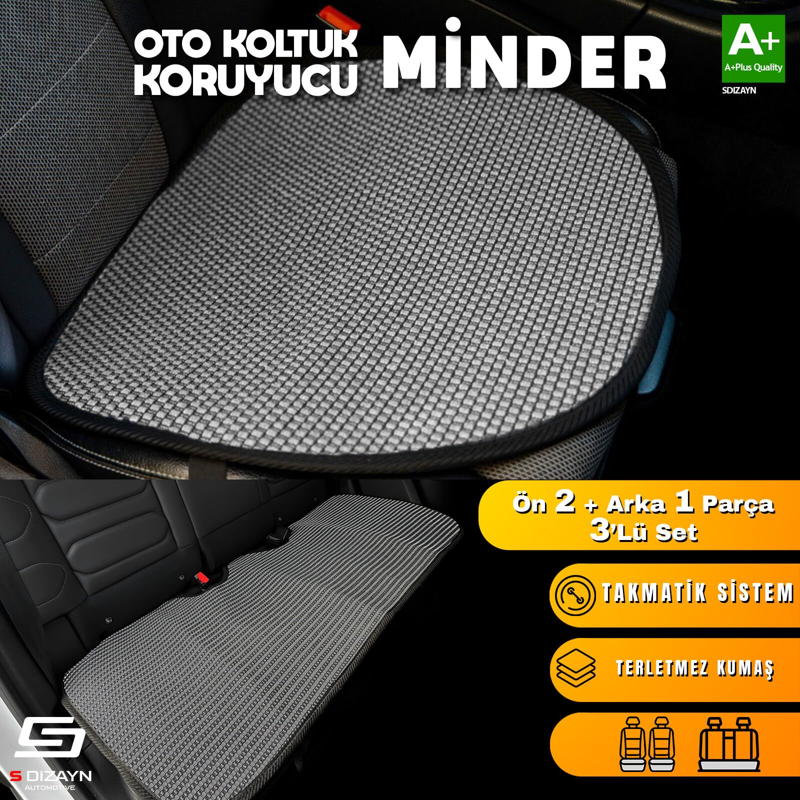 S-Dizayn Oto Koltuk Koruyucu Alt Minder Füme Universal 2+1 Parça Ön Arka A+ Kalite