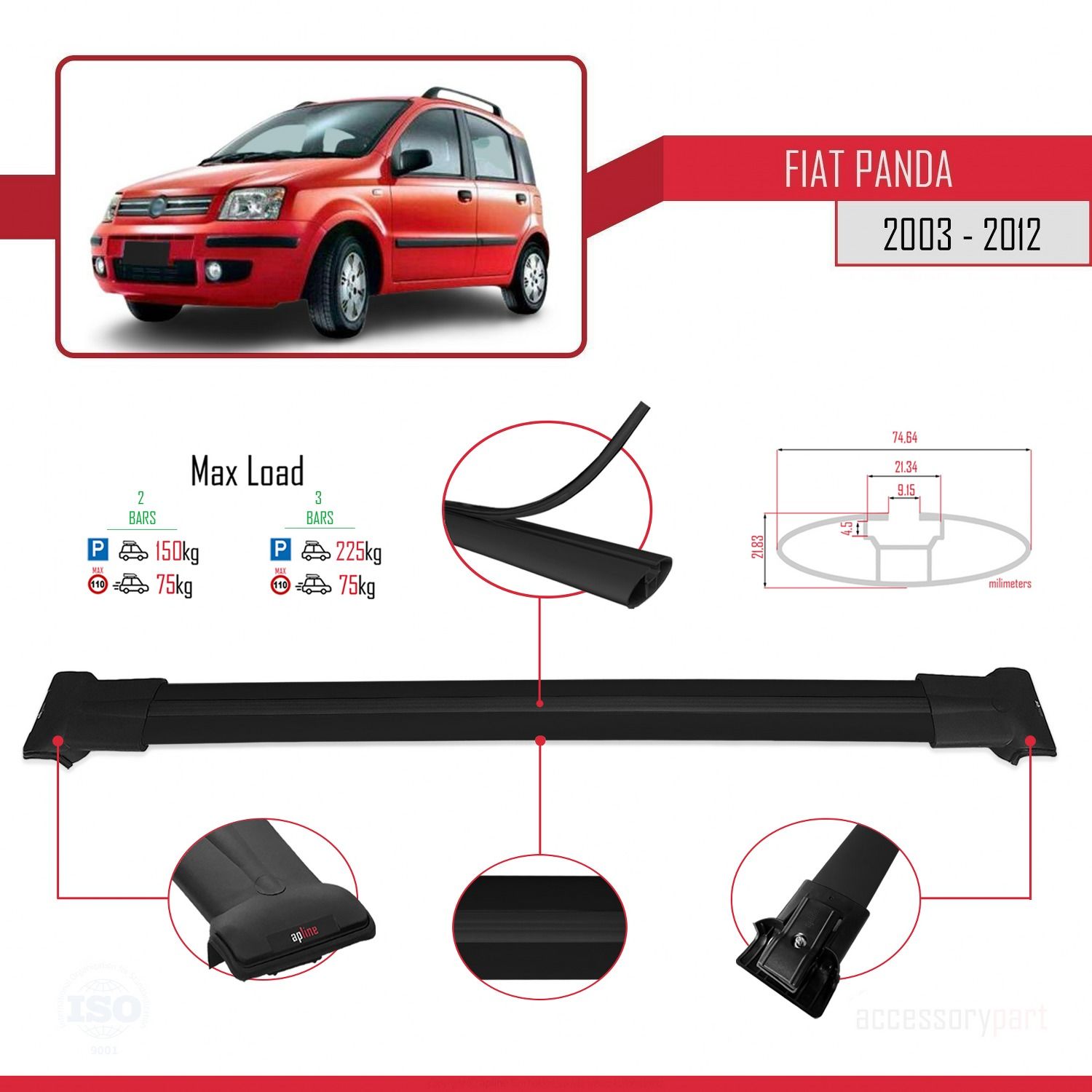 Fiat Panda 2003-2012 Arası ile uyumlu FLY Model Ara Atkı Tavan Barı SİYAH