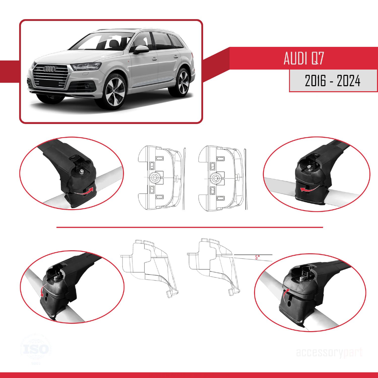 Audi Q7 (4M) 2016 ve Sonrası ile uyumlu ACE-2 Ara Atkı Tavan Barı SİYAH