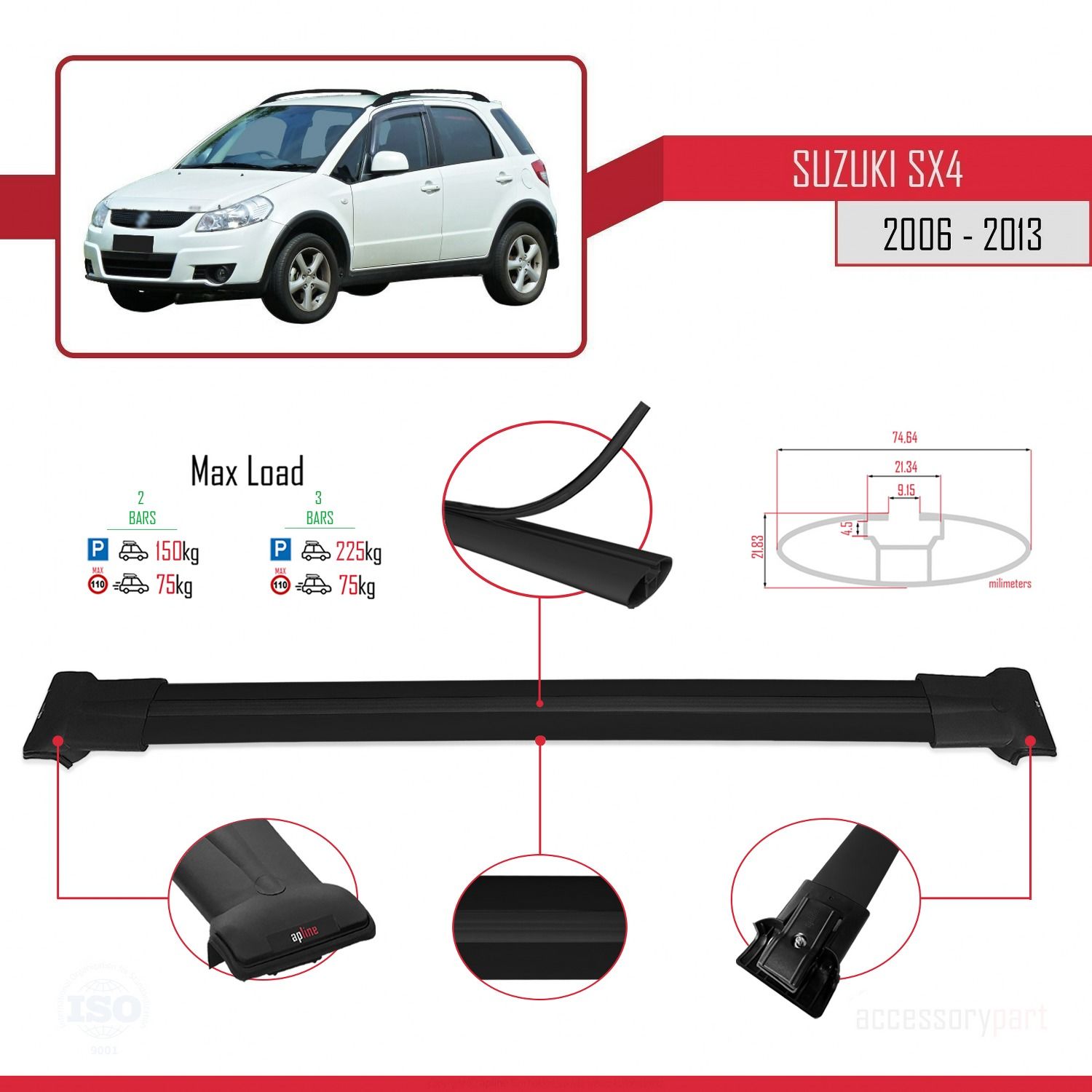 Suzuki SX4 2006-2013 Arası ile uyumlu FLY Model Ara Atkı Tavan Barı SİYAH