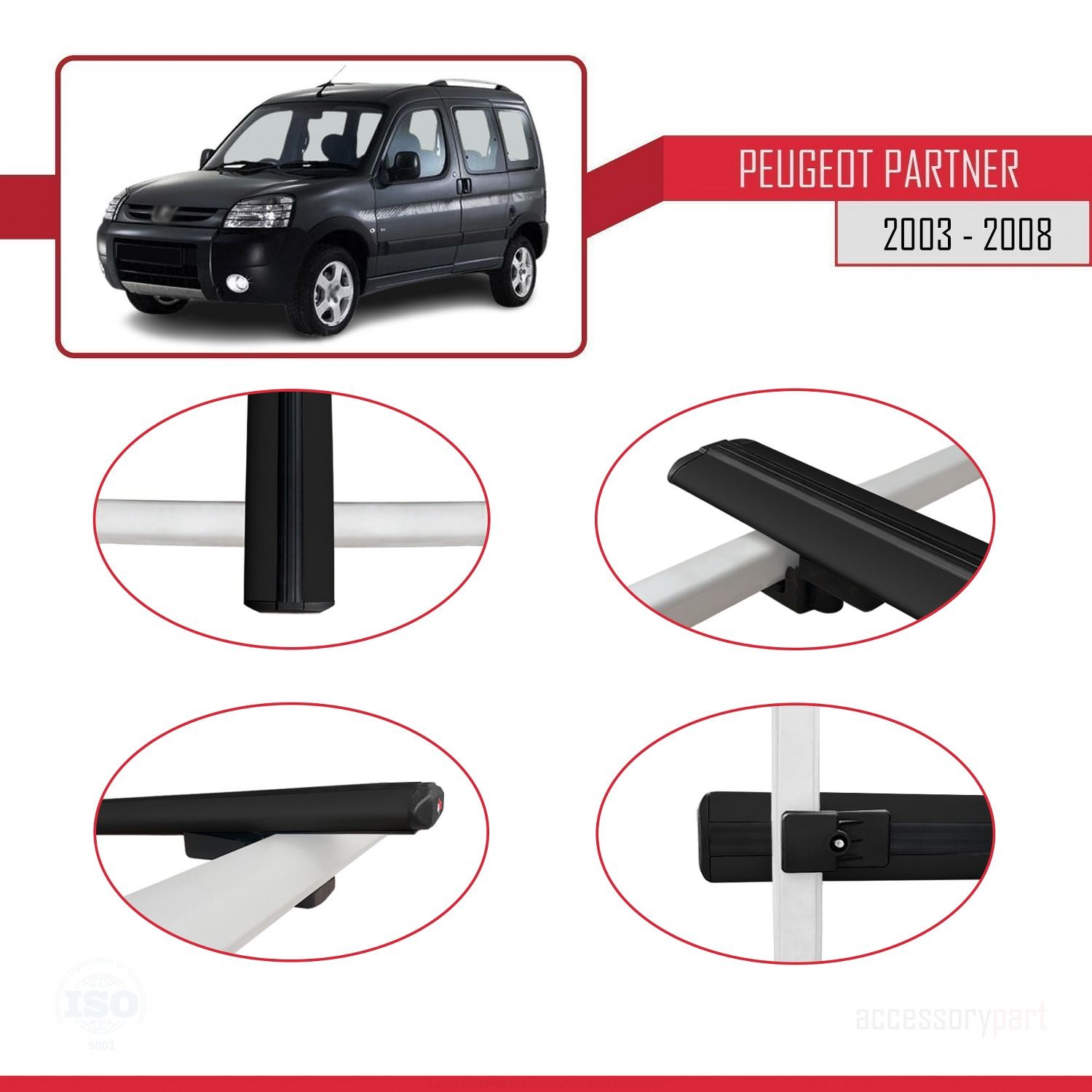 Peugeot Partner 2003-2008 Arası ile uyumlu Basic Model Ara Atkı Tavan Barı SİYAH 3 ADET