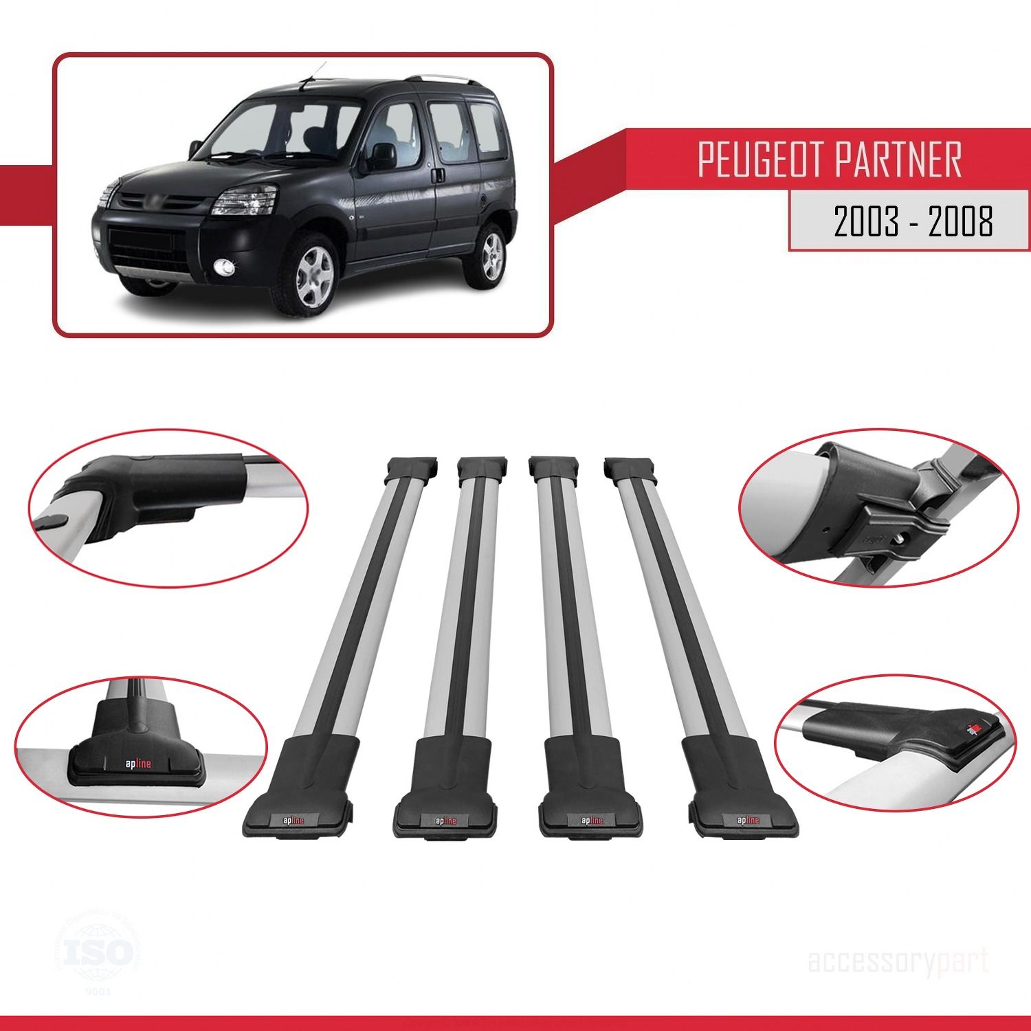 Peugeot Partner 2003-2008 Arası ile uyumlu FLY Model Ara Atkı Tavan Barı GRİ 4 ADET BAR