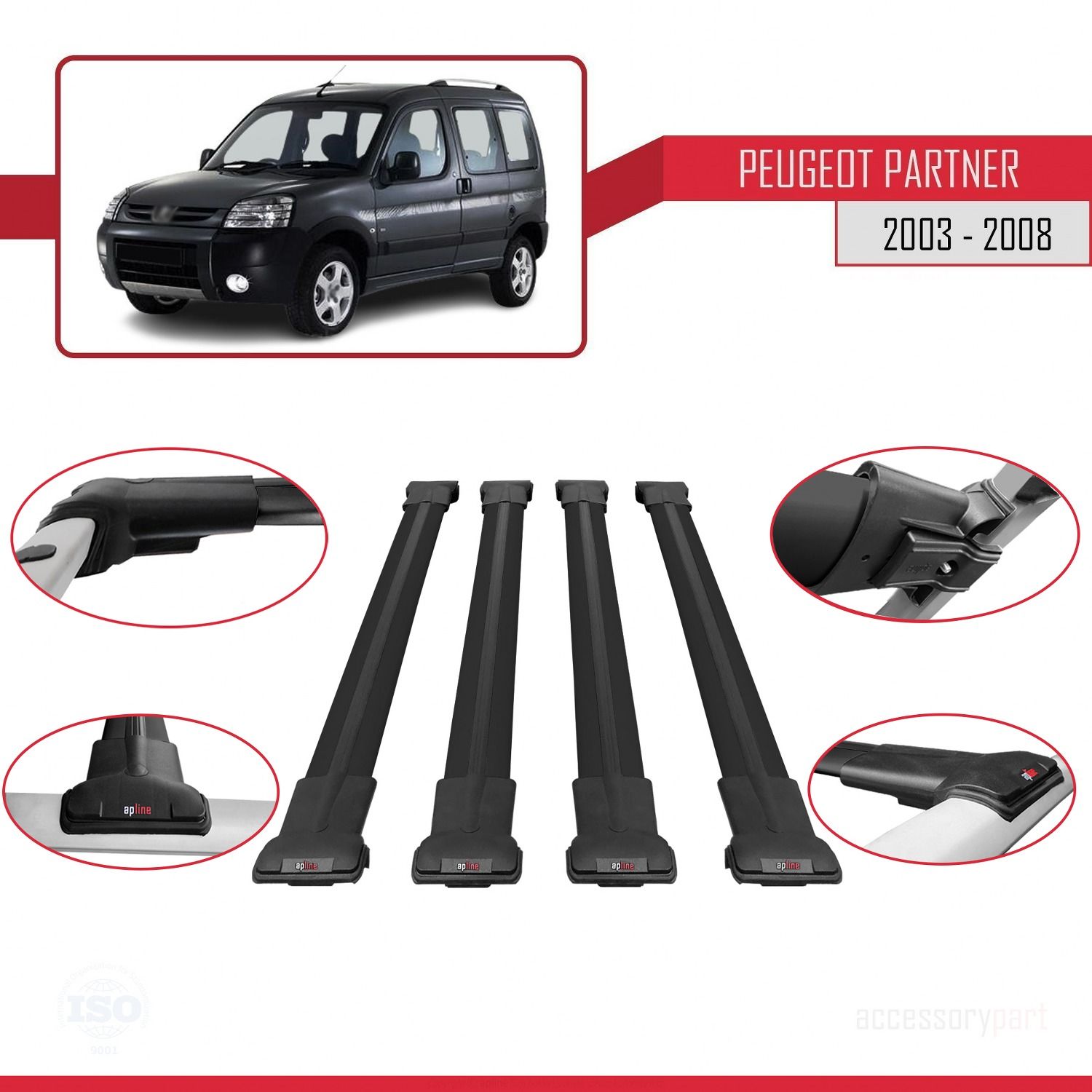 Peugeot Partner 2003-2008 Arası ile uyumlu FLY Model Ara Atkı Tavan Barı SİYAH 4 ADET BAR