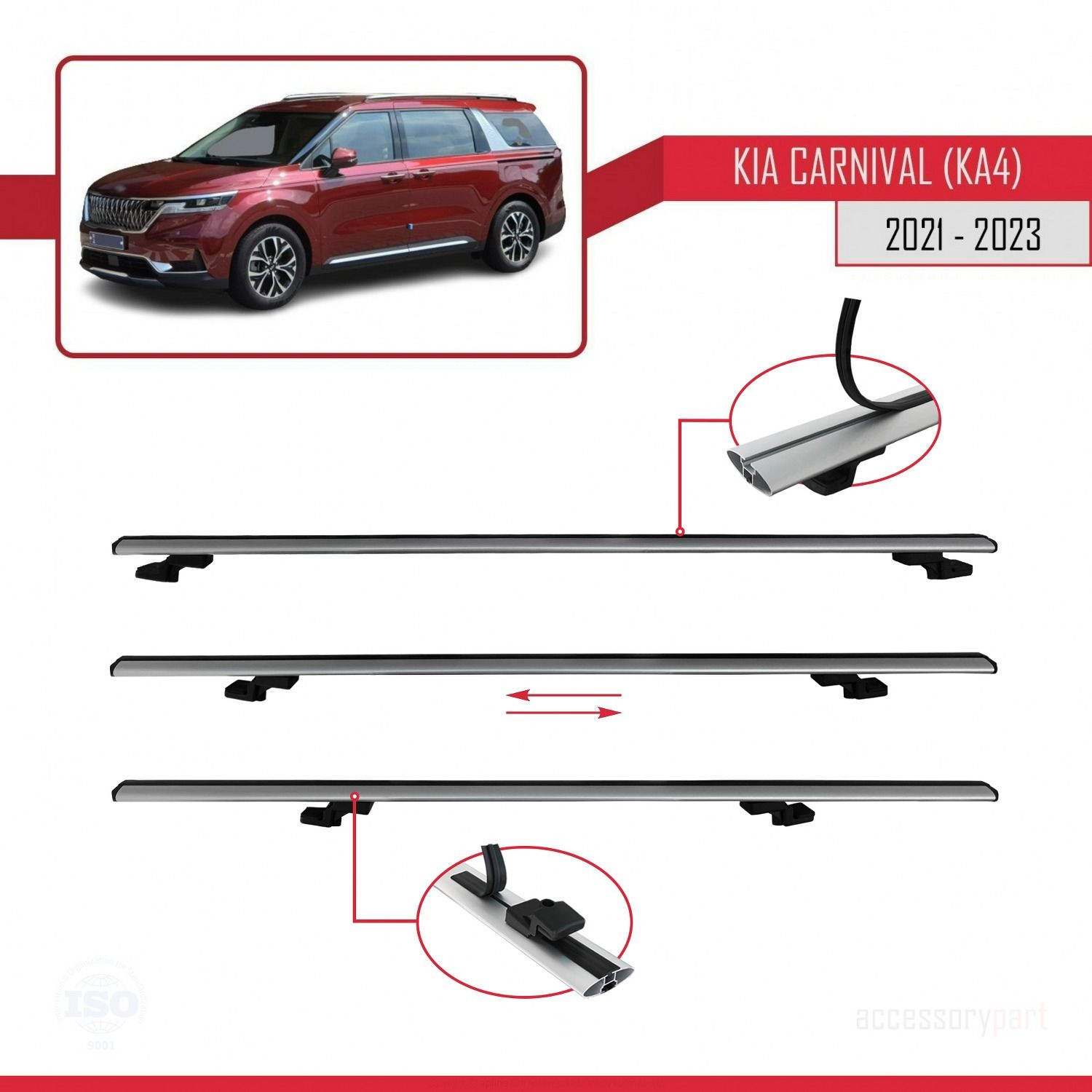 Kia Carnival (KA4) 2021-2023 Arası ile uyumlu Basic Model Ara Atkı Tavan Barı GRİ 3 ADET