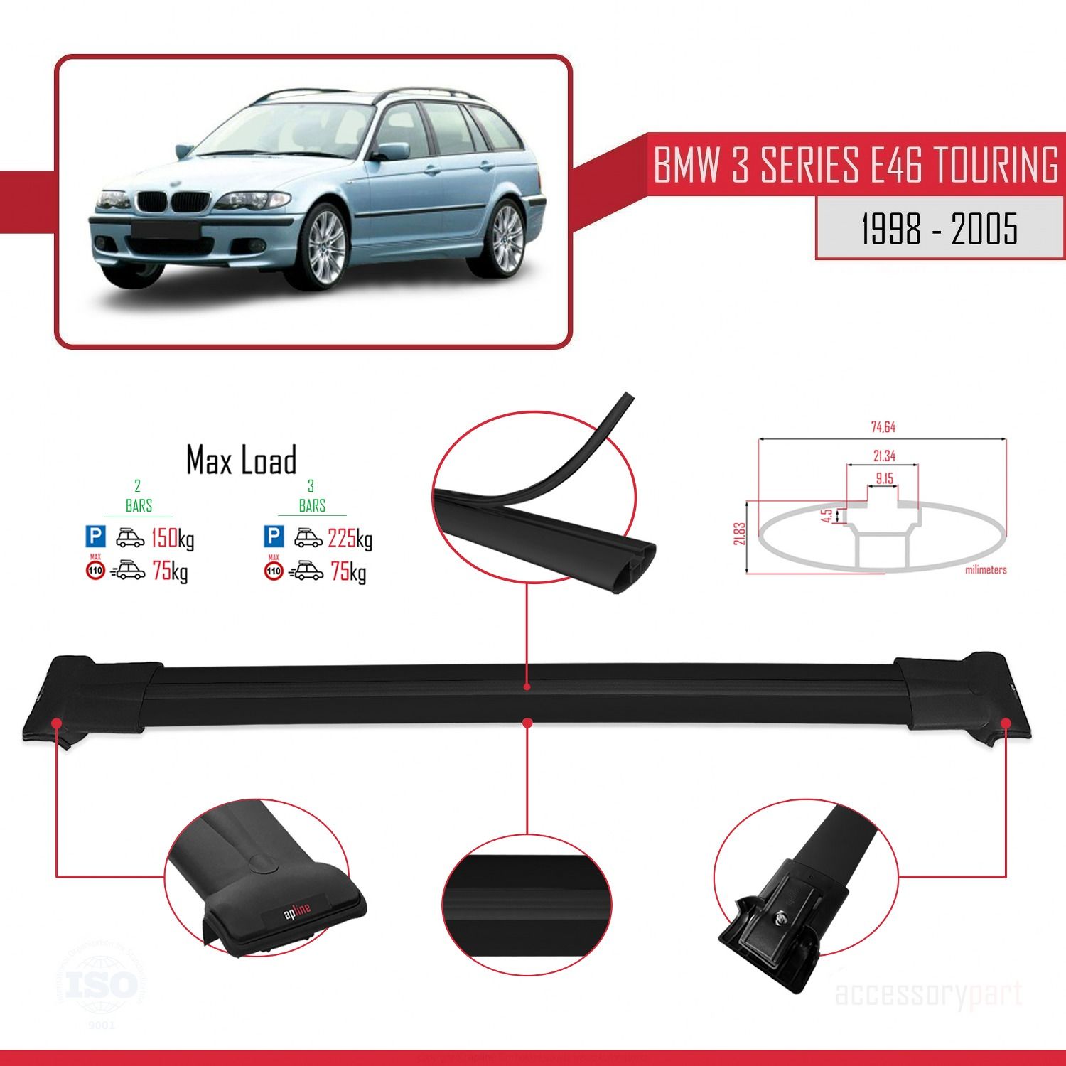 BMW 3 Serisi (E46) TOURING 1998-2005 Arası ile uyumlu FLY Model Ara Atkı Tavan Barı SİYAH
