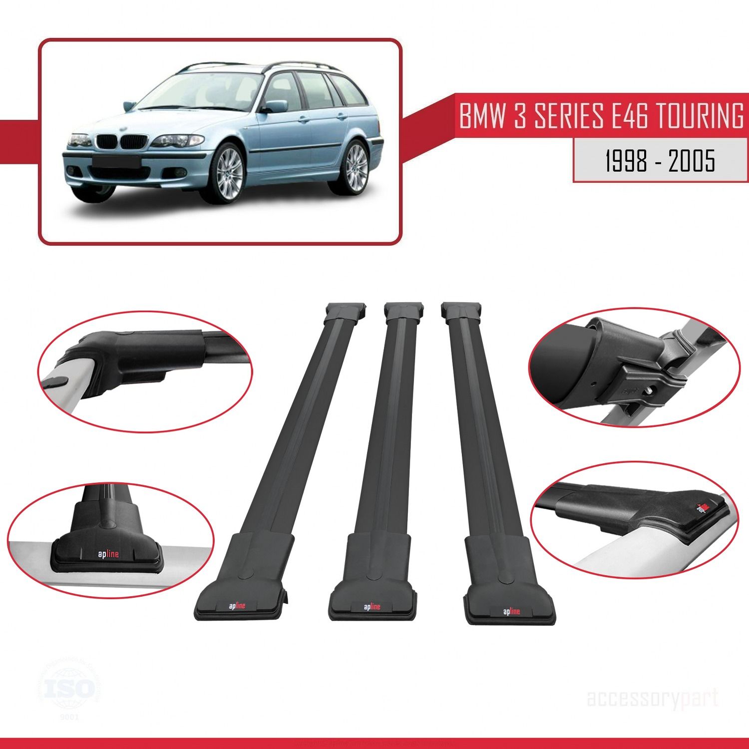 BMW 3 Serisi (E46) TOURING 1998-2005 Arası ile Uyumlu FLY Model Ara Atkı Tavan Barı SİYAH 3 ADET BAR