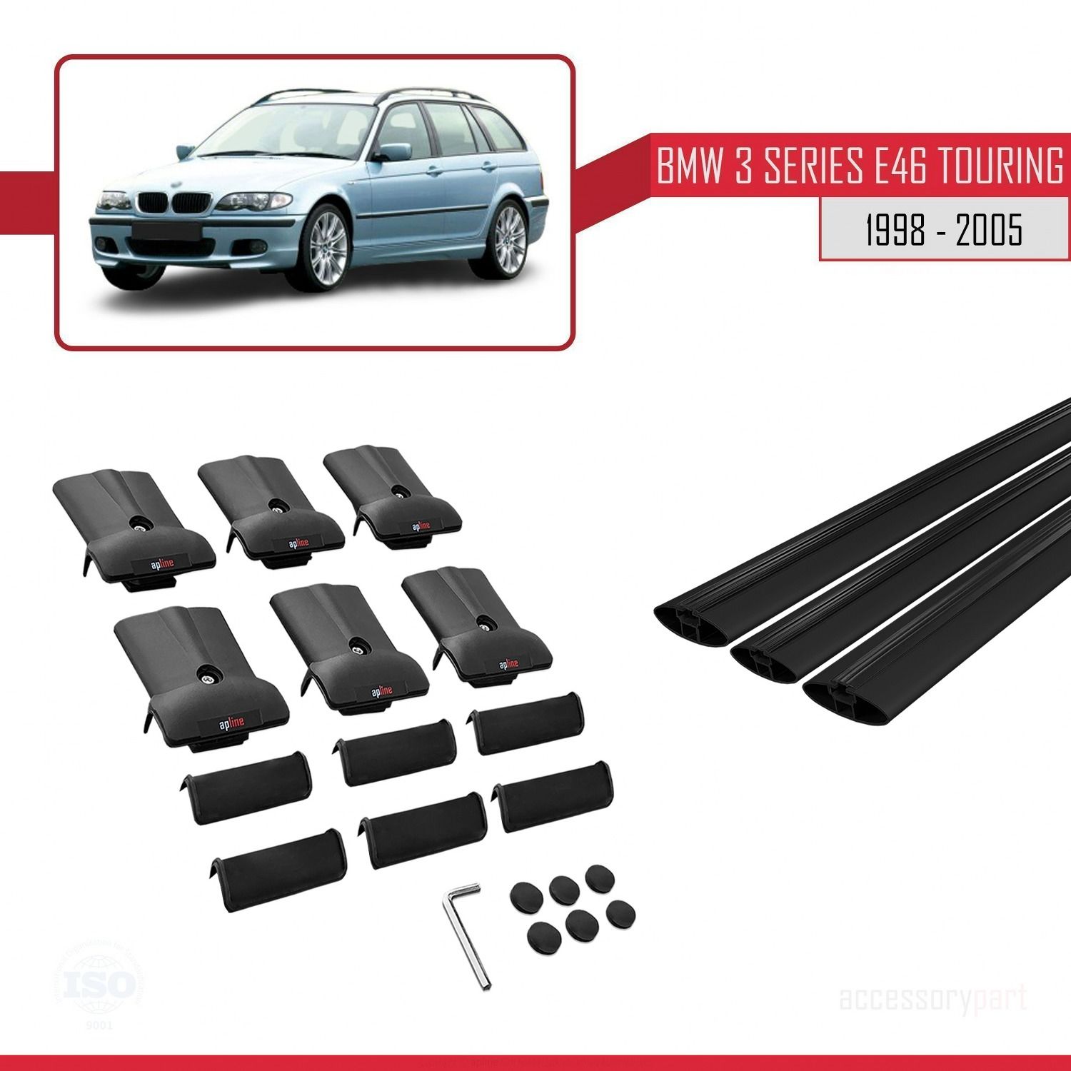 BMW 3 Serisi (E46) TOURING 1998-2005 Arası ile Uyumlu FLY Model Ara Atkı Tavan Barı SİYAH 3 ADET BAR