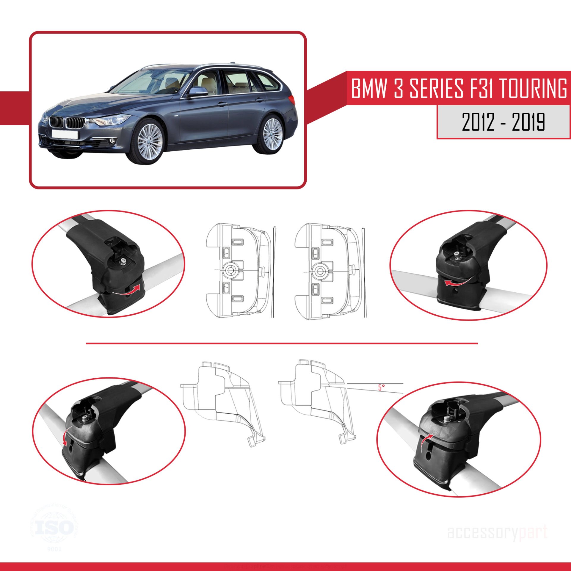 BMW 3 Serisi (F31) TOURING 2012-2019 Arası ile uyumlu ACE-2 Ara Atkı Tavan Barı GRİ