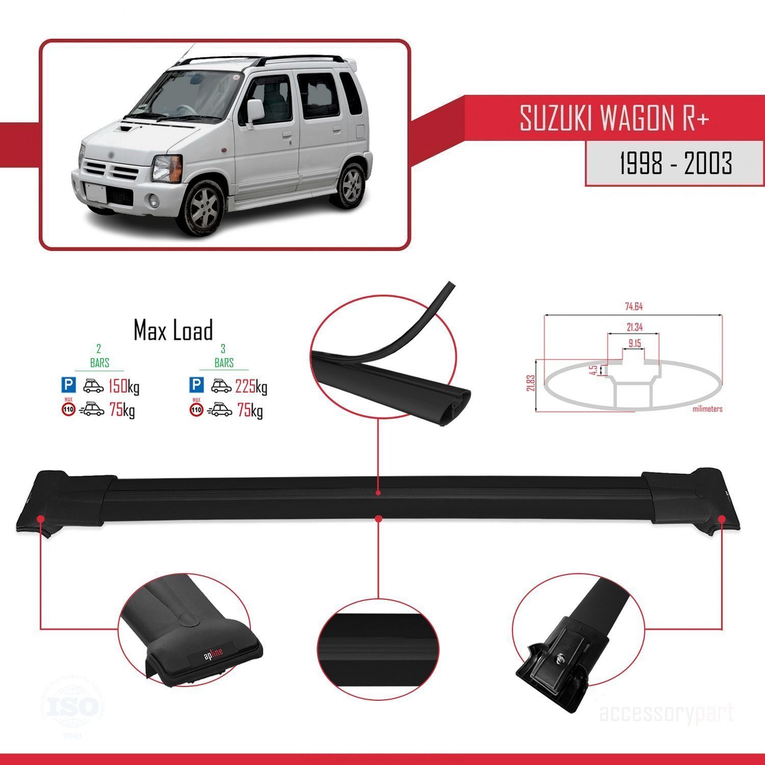 Suzuki Wagon R+ 1998-2003 Arası ile Uyumlu FLY Model Ara Atkı Tavan Barı SİYAH