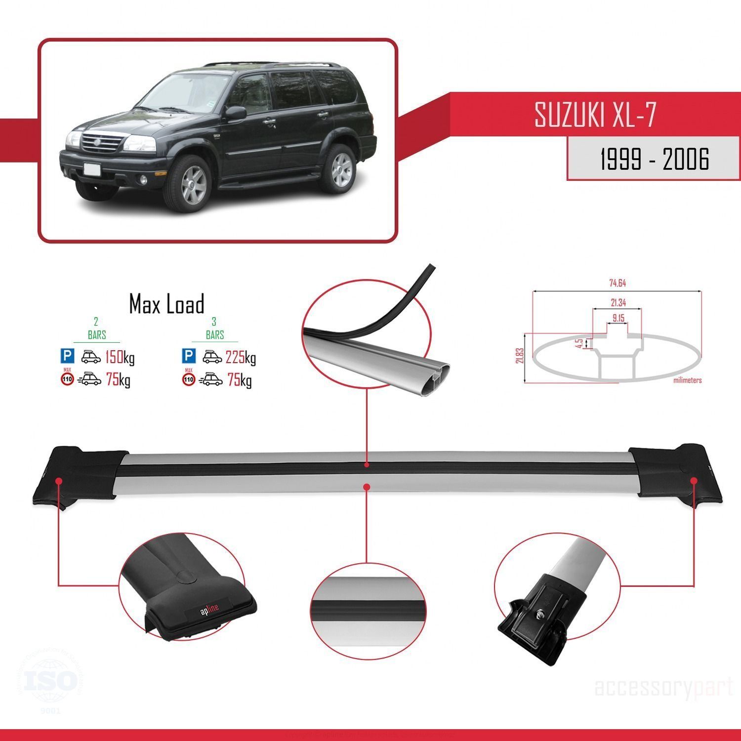 Suzuki XL-7 1999-2006 Arası ile Uyumlu FLY Model Ara Atkı Tavan Barı GRİ
