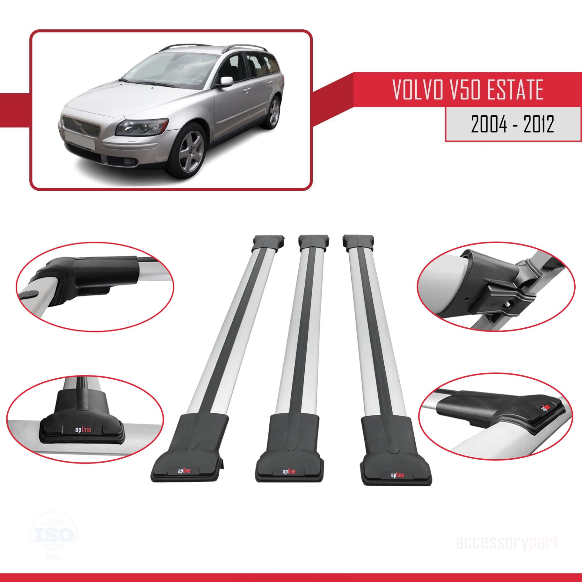 Volvo V50 2004-2012 Arası ile uyumlu Fly Model Ara Atkı Tavan Barı GRİ 3 ADET BAR