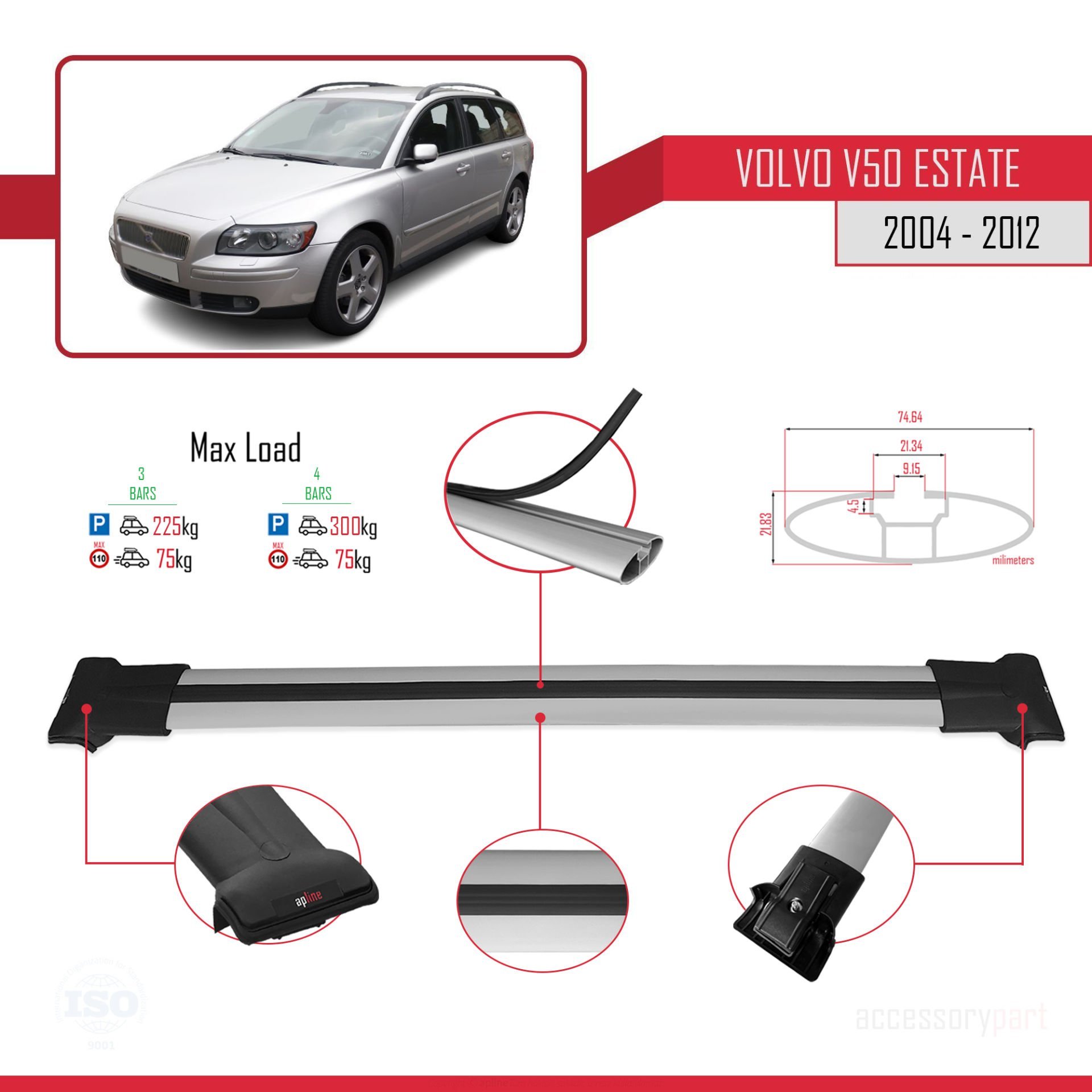 Volvo V50 2004-2012 Arası ile uyumlu Fly Model Ara Atkı Tavan Barı GRİ 3 ADET BAR