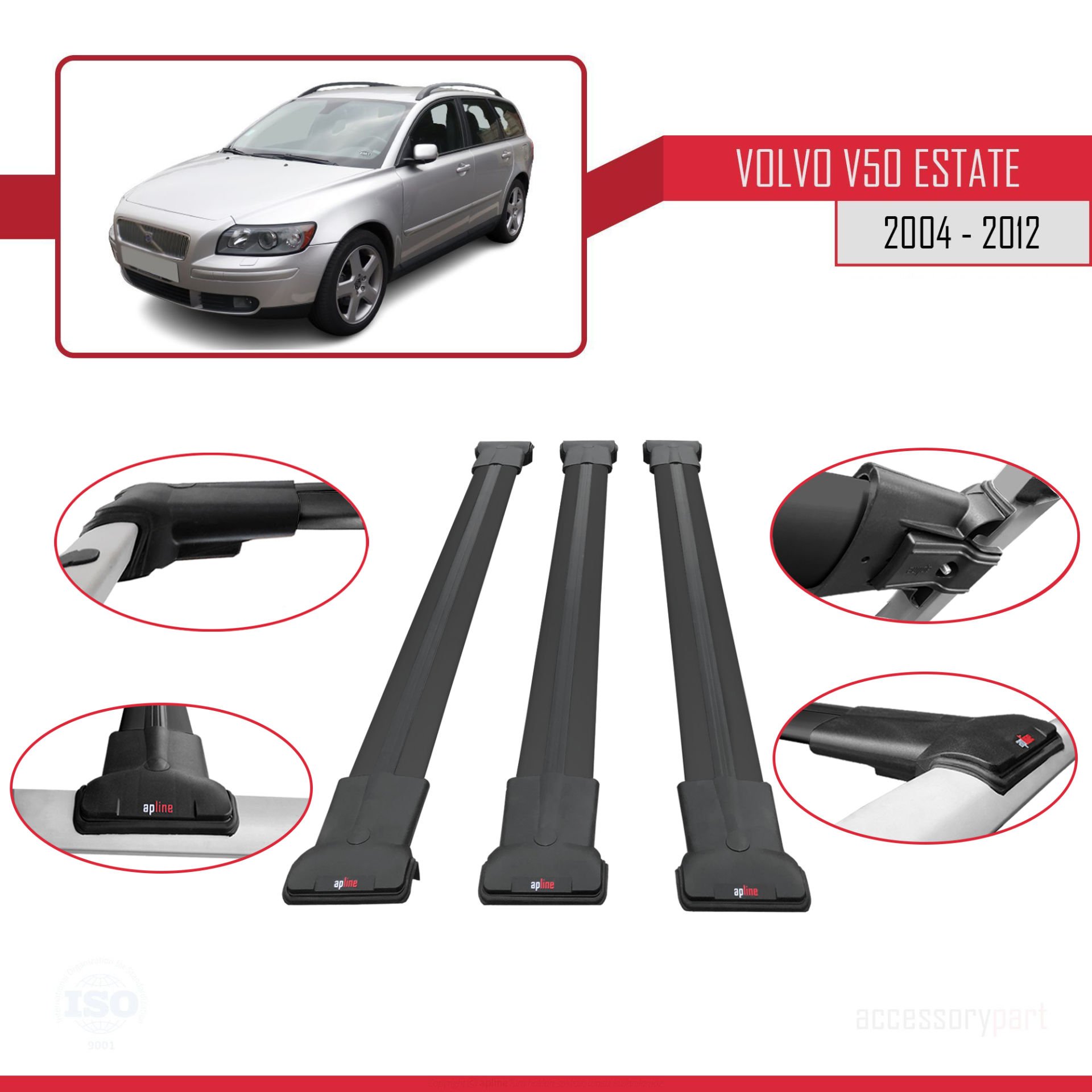 Volvo V50 2004-2012 Arası ile uyumlu Fly Model Ara Atkı Tavan Barı SİYAH 3 ADET BAR