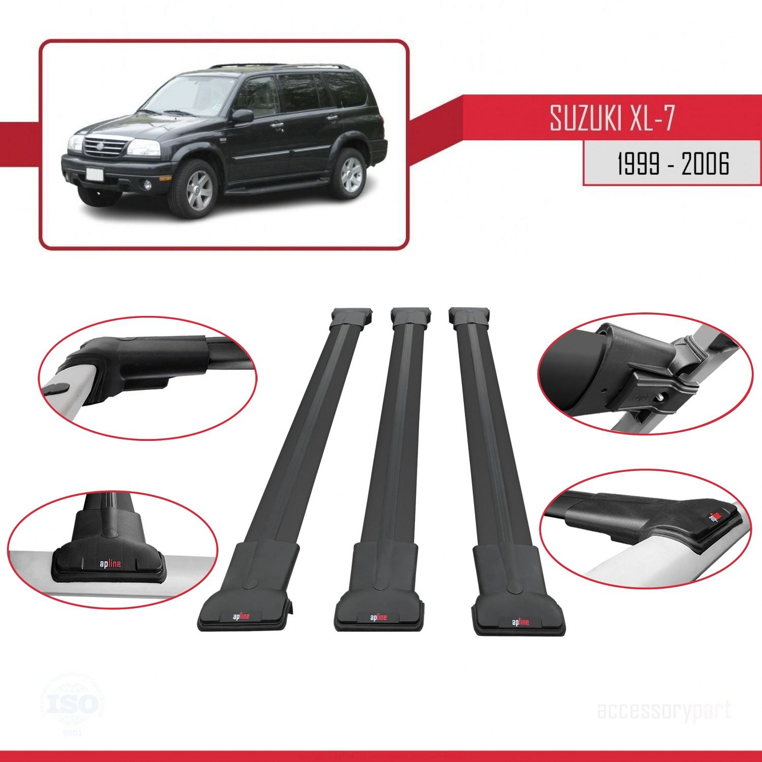 Suzuki XL-7 1999-2006 Arası ile Uyumlu FLY Model Ara Atkı Tavan Barı SİYAH 3 ADET BAR