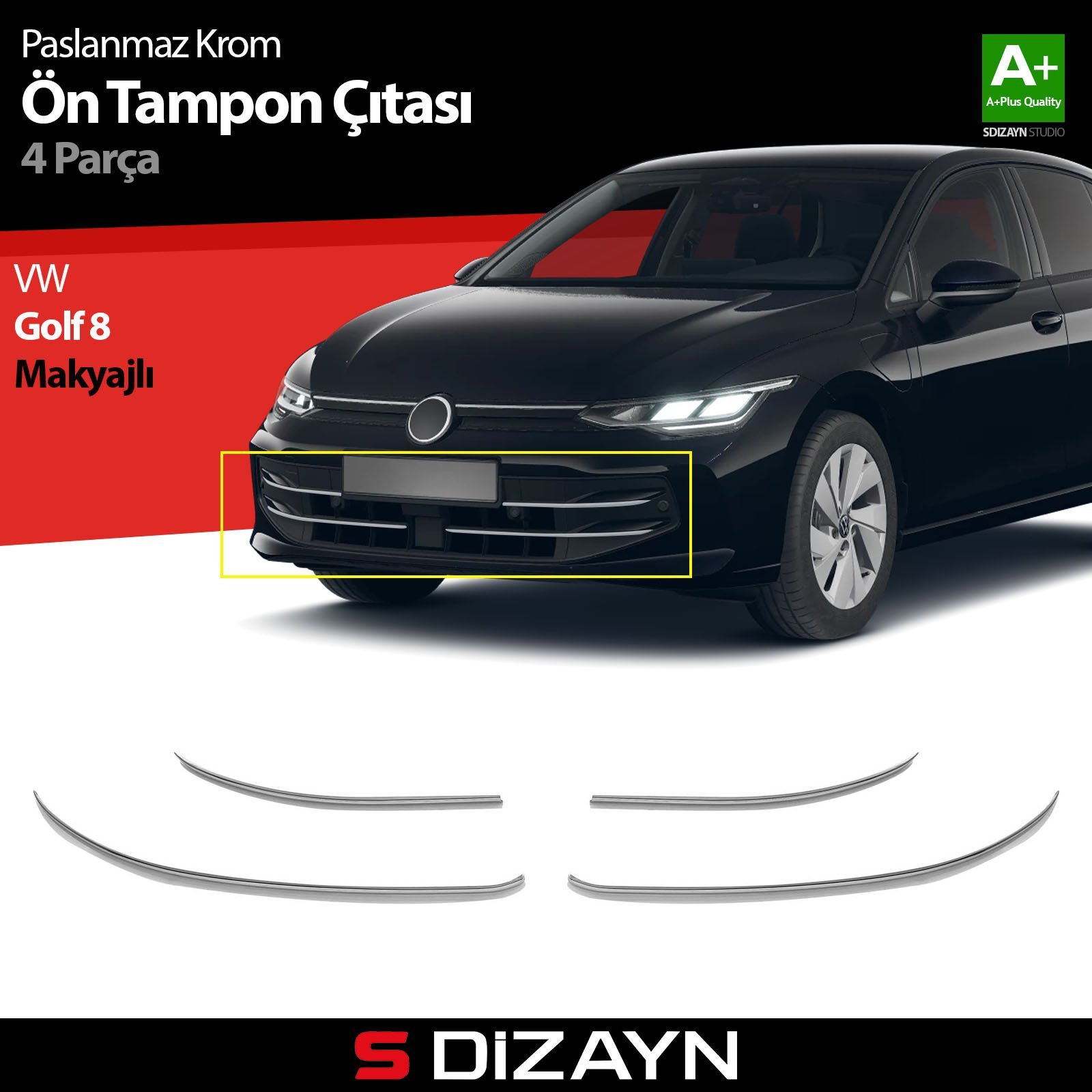 S-Dizayn VW Golf 8.5 Makyajlı HB Krom Ön Tampon Çıtası 4 Prç. 2024 Üzeri A+ Kalite