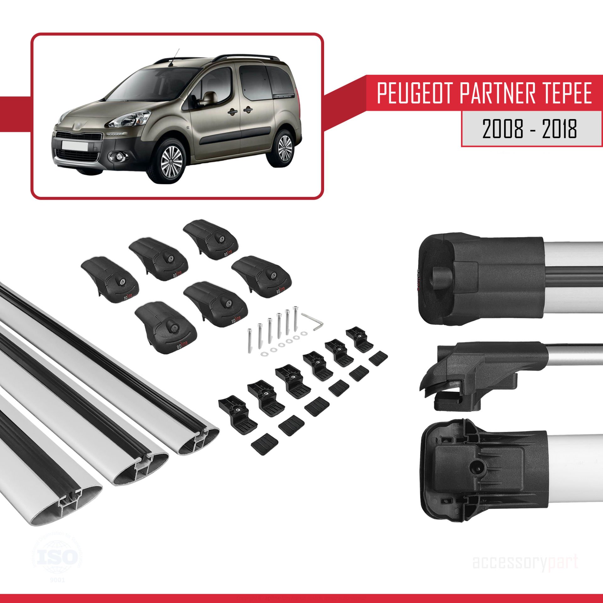 Peugeot Partner Tepee 2008-2018 Arası ile uyumlu ACE-1 Ara Atkı Tavan Barı GRİ 3 ADET BAR