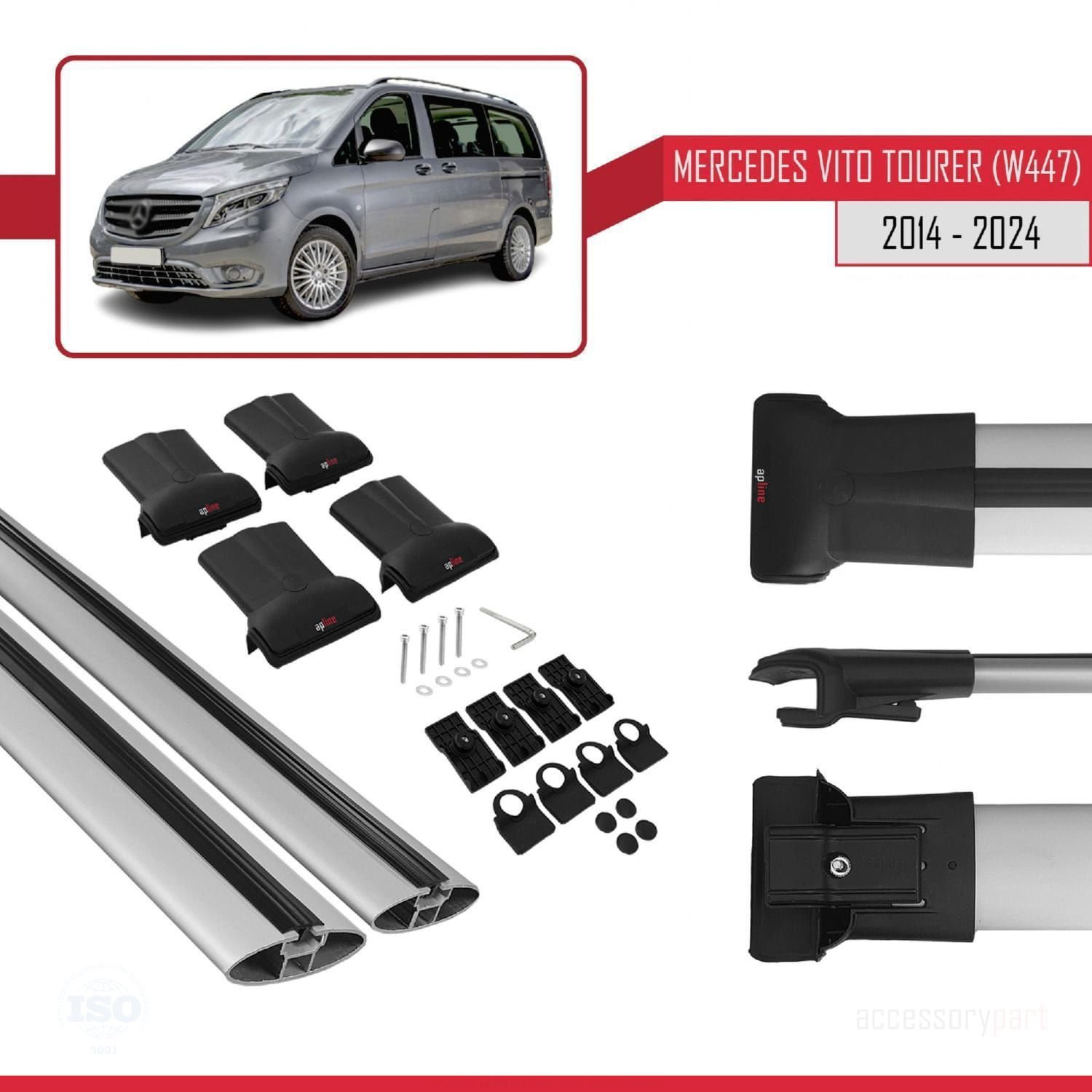 Mercedes Vito Tourer (W447) 2014 ve Sonrası ile Uyumlu FLY Model Ara Atkı Tavan Barı GRİ
