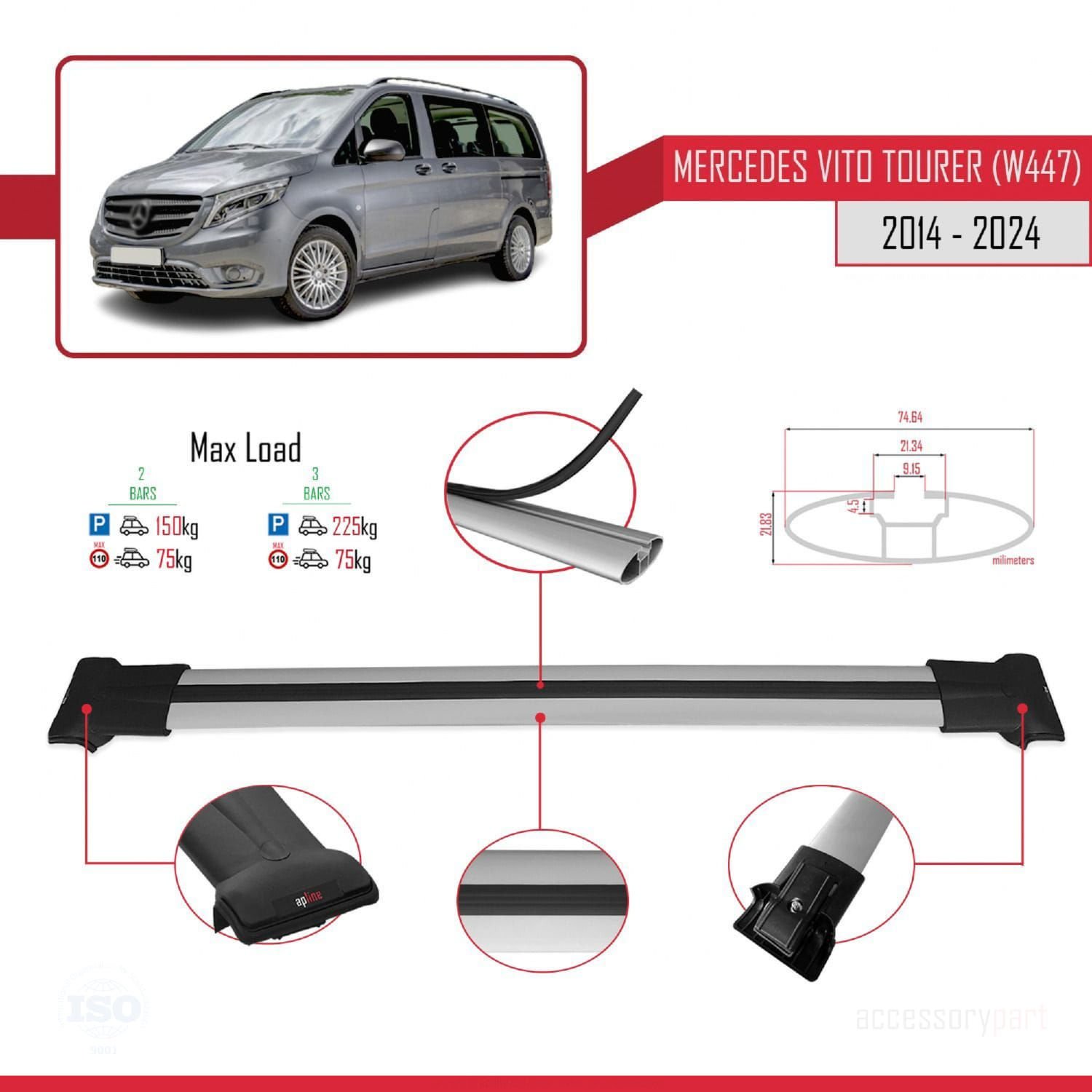 Mercedes Vito Tourer (W447) 2014 ve Sonrası ile Uyumlu FLY Model Ara Atkı Tavan Barı GRİ