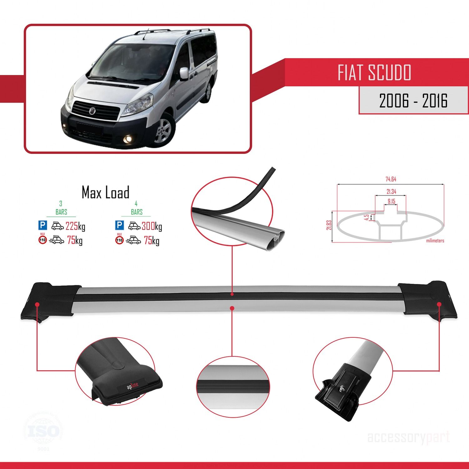 Fiat Scudo 2006-2016 Arası ile uyumlu FLY Model Ara Atkı Tavan Barı GRİ 3 ADET BAR