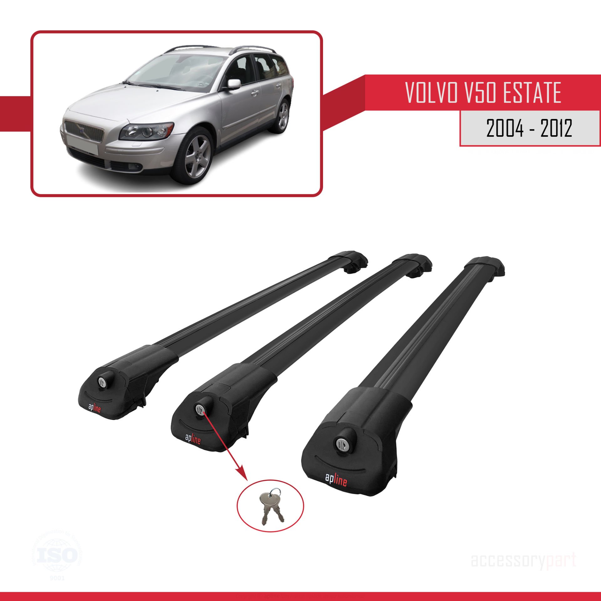 Volvo V50 Estate 2004-2012 Arası ile uyumlu ACE-1 Ara Atkı Tavan Barı SİYAH 3 ADET BAR