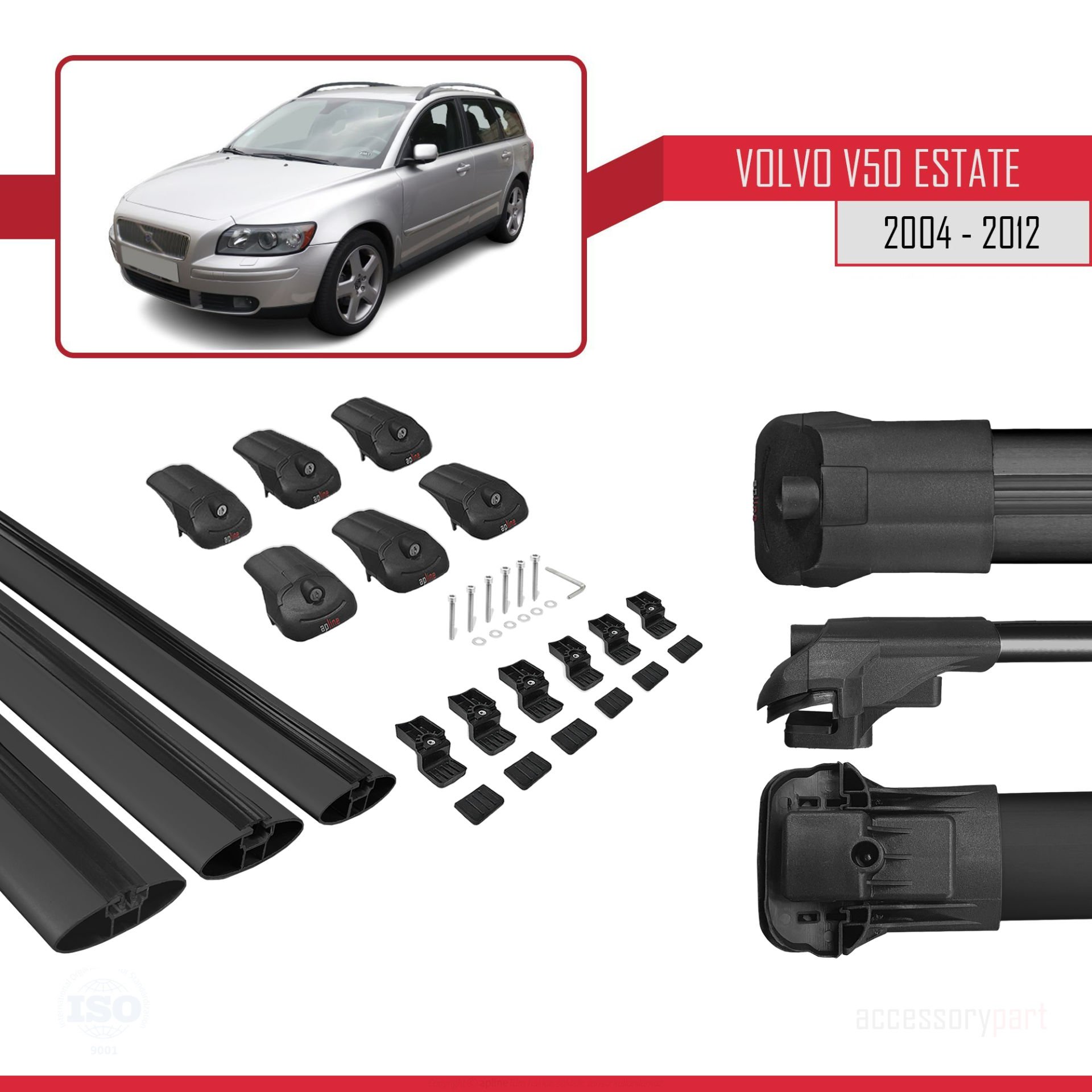 Volvo V50 Estate 2004-2012 Arası ile uyumlu ACE-1 Ara Atkı Tavan Barı SİYAH 3 ADET BAR