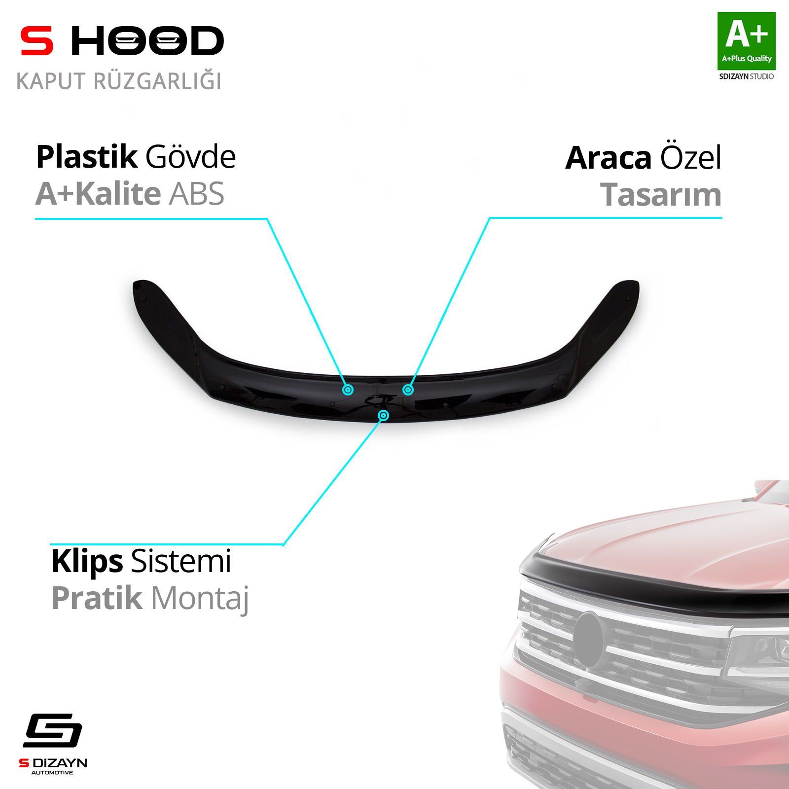 S-Dizayn Volkswagen Uyumlu Tiguan ABS Plastik Kaput Rüzgarlığı 2008-2015 A+Kalite Parça