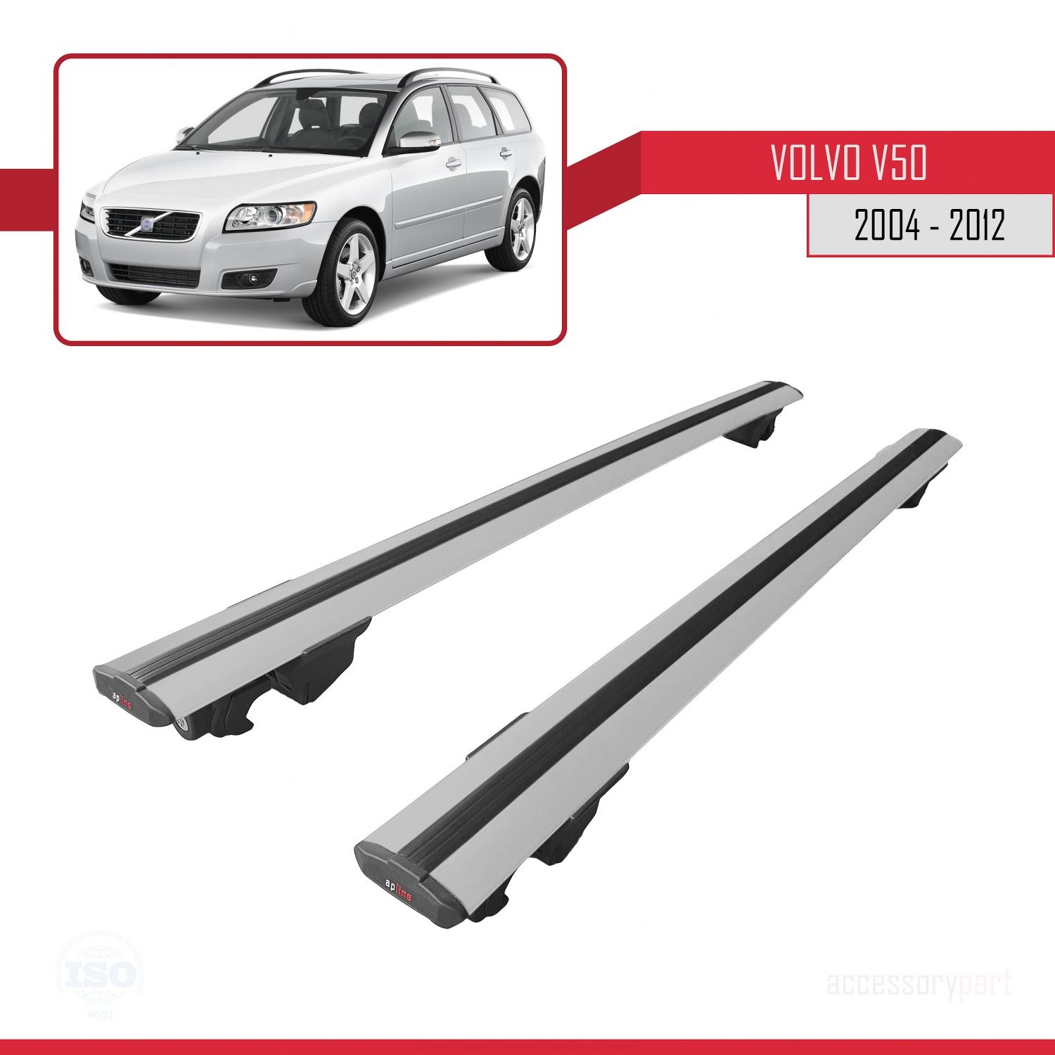Volvo V50 ESTATE 2004-2012 Arası ile uyumlu HOOK Model Anahtar Kilitli Ara Atkı Tavan Barı GRİ