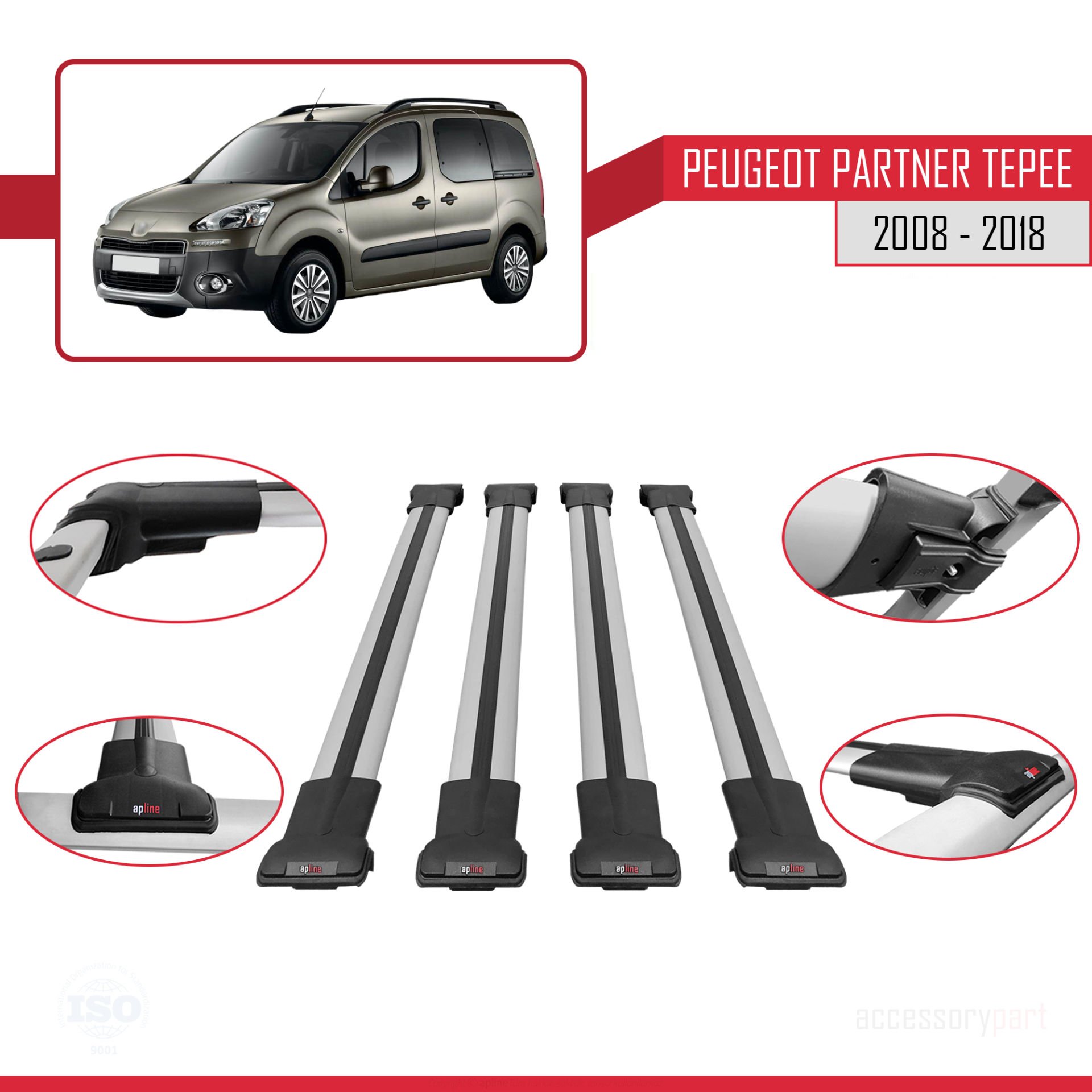 Peugeot Partner Tepee 2008-2018 Arası ile uyumlu FLY Model Ara Atkı Tavan Barı GRİ 4 ADET BAR