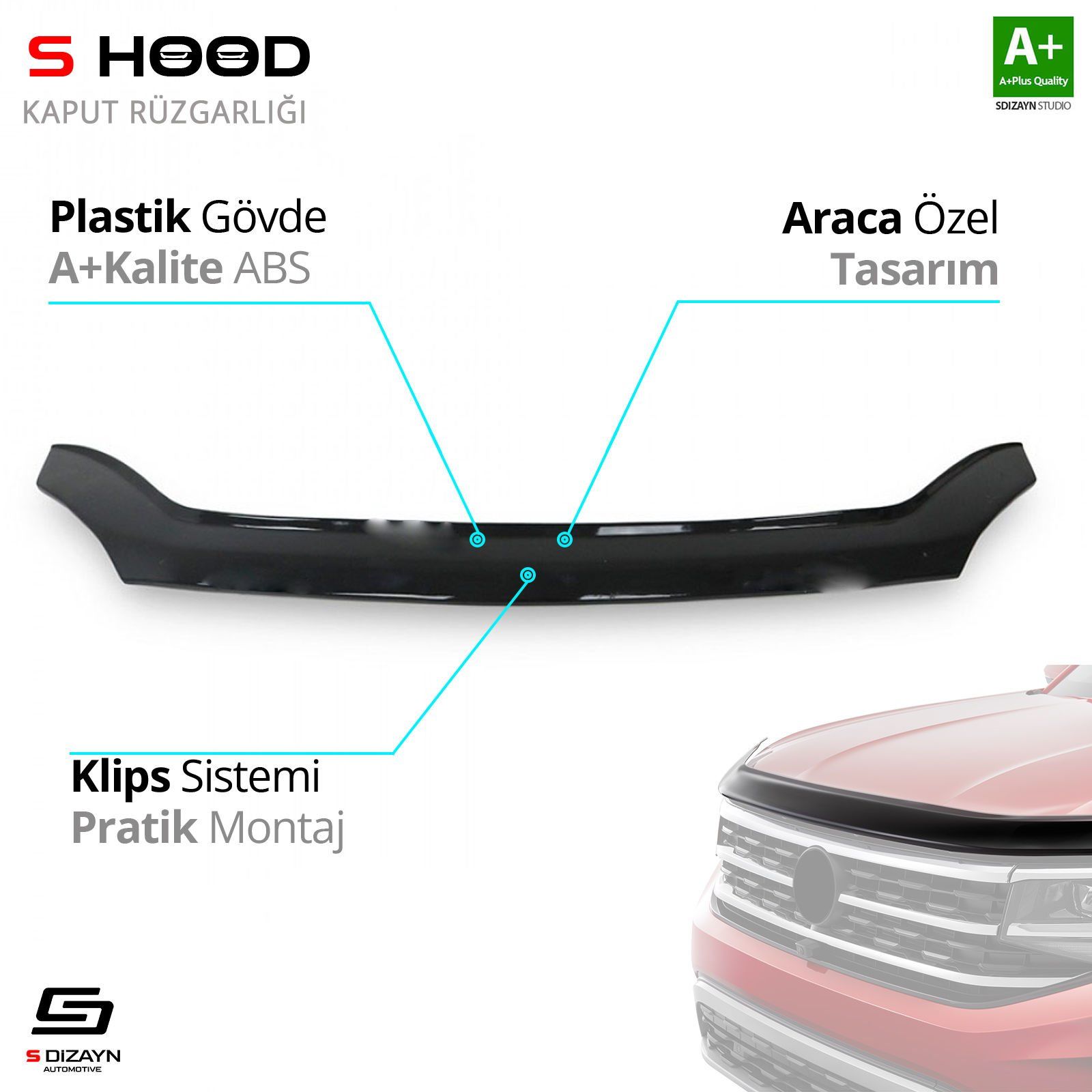 S-Dizayn Gaz Uyumlu Gazelle ABS Plastik Kaput Rüzgarlığı 2013 Üzeri A+Kalite Parça