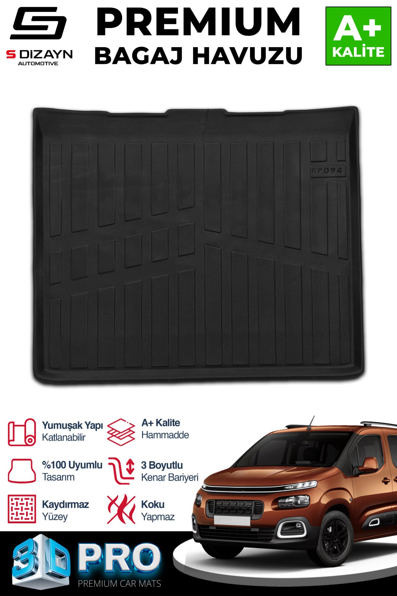 S-Dizayn Citroen Berlingo Seperatörsüz 3D Pro Bagaj Havuzu 2019 Üzeri A+ Kalite