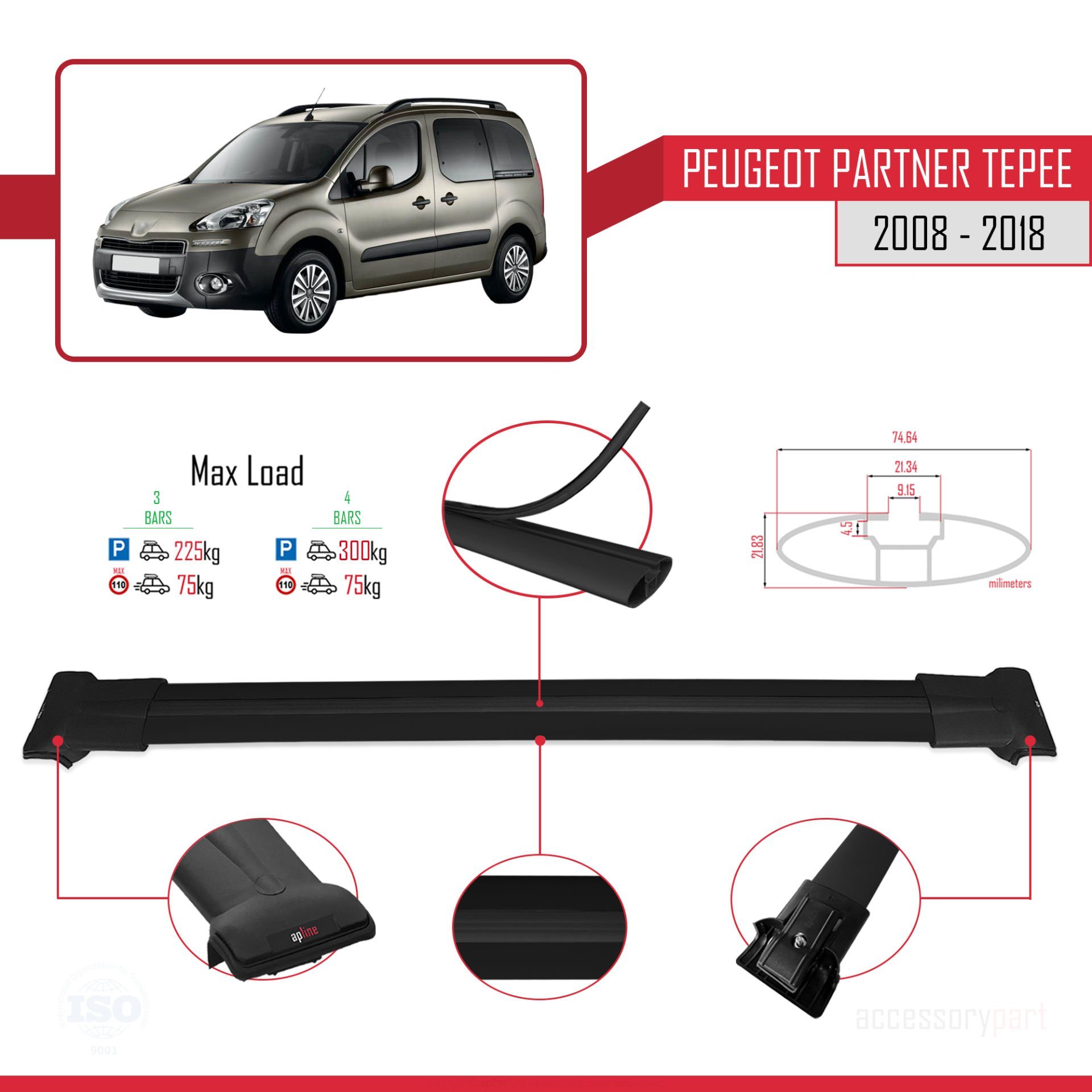 Peugeot Partner Tepee 2008-2018 Arası ile uyumlu FLY Model Ara Atkı Tavan Barı SİYAH 4 ADET BAR