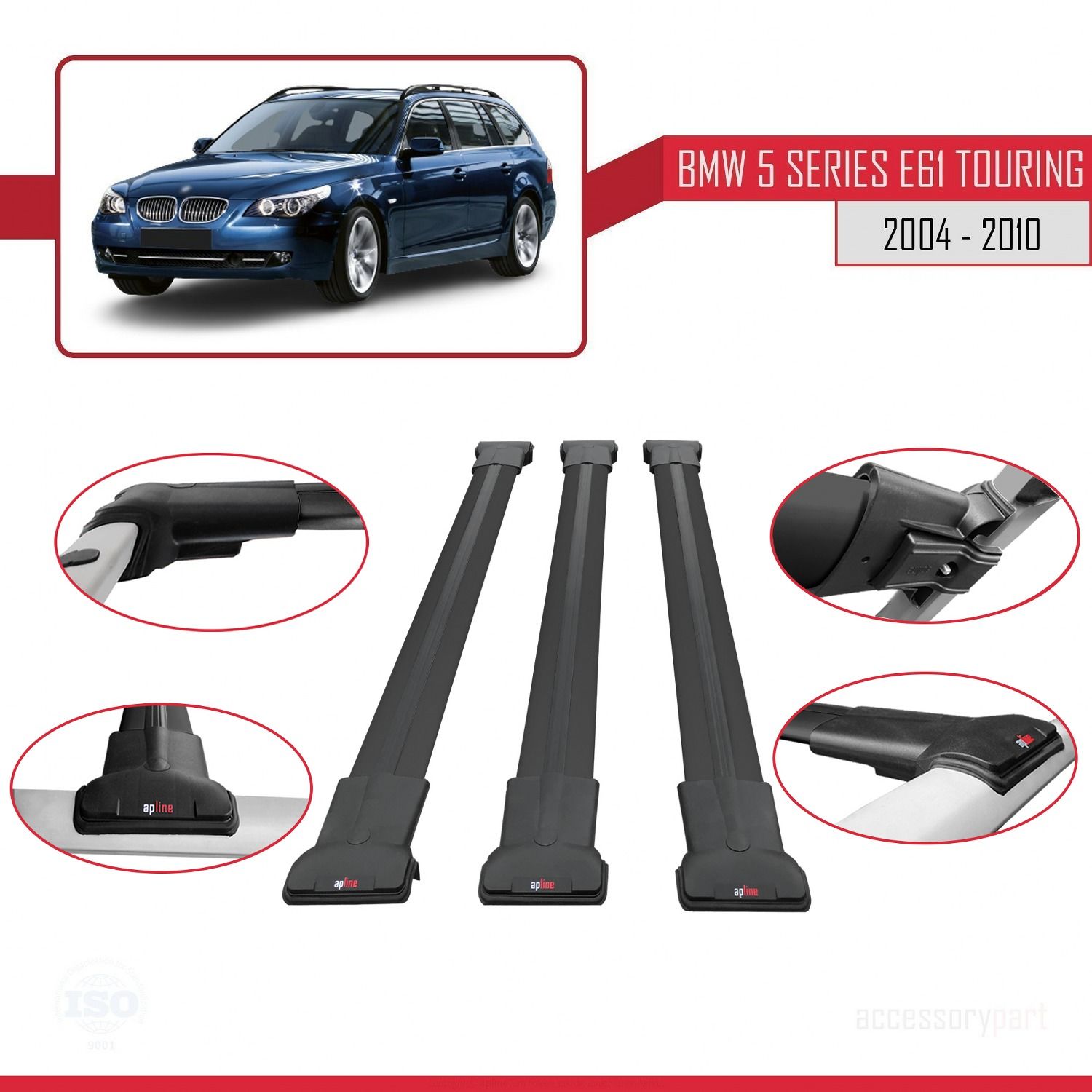 BMW 5 Serisi (E61) TOURING 2004-2010 Arası ile Uyumlu FLY Model Ara Atkı Tavan Barı SİYAH 3 ADET BAR