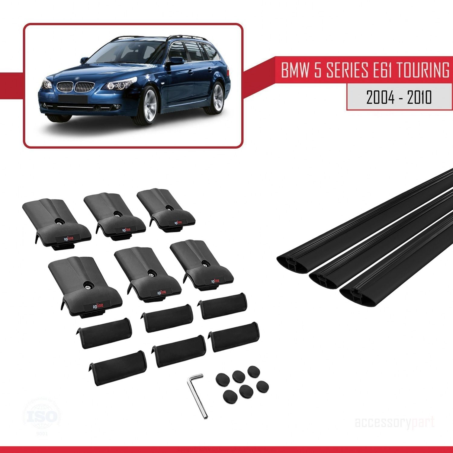 BMW 5 Serisi (E61) TOURING 2004-2010 Arası ile Uyumlu FLY Model Ara Atkı Tavan Barı SİYAH 3 ADET BAR
