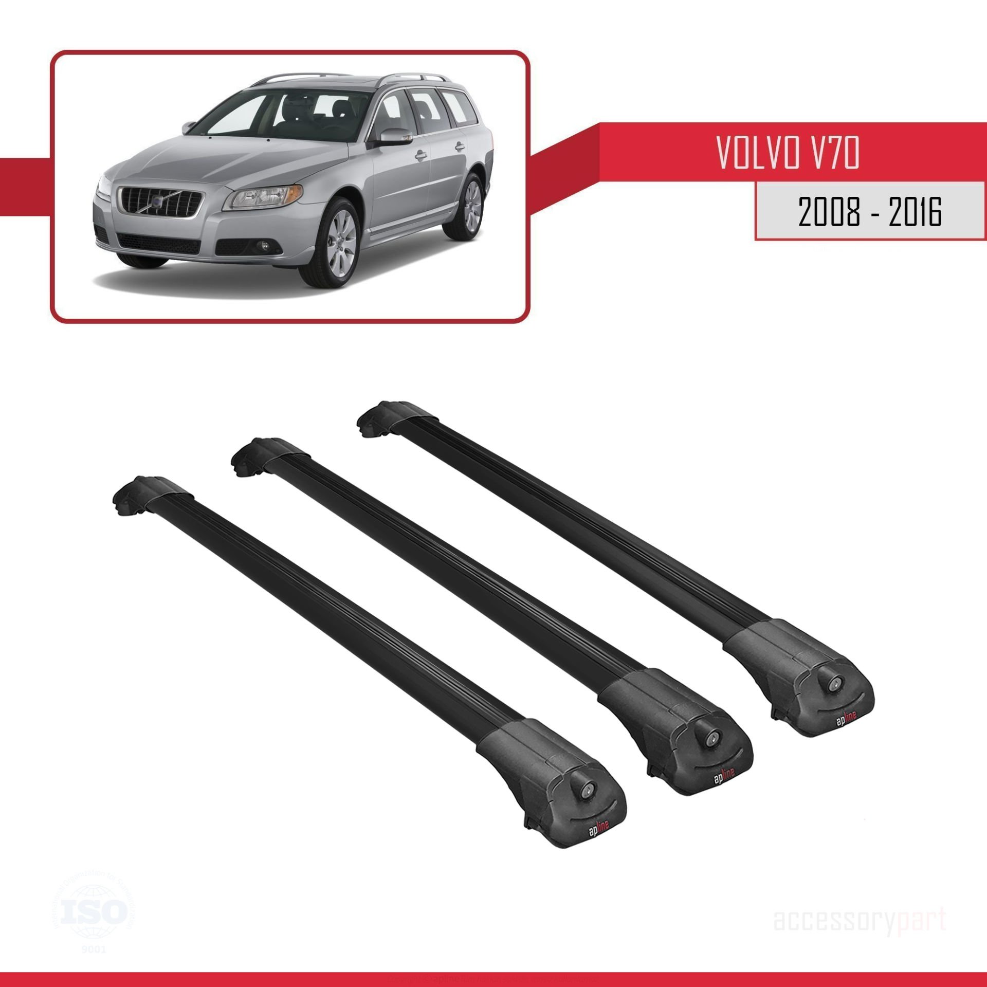 Volvo V70 2008-2016 Arası ile uyumlu ACE-1 Ara Atkı Tavan Barı SİYAH 3 ADET BAR