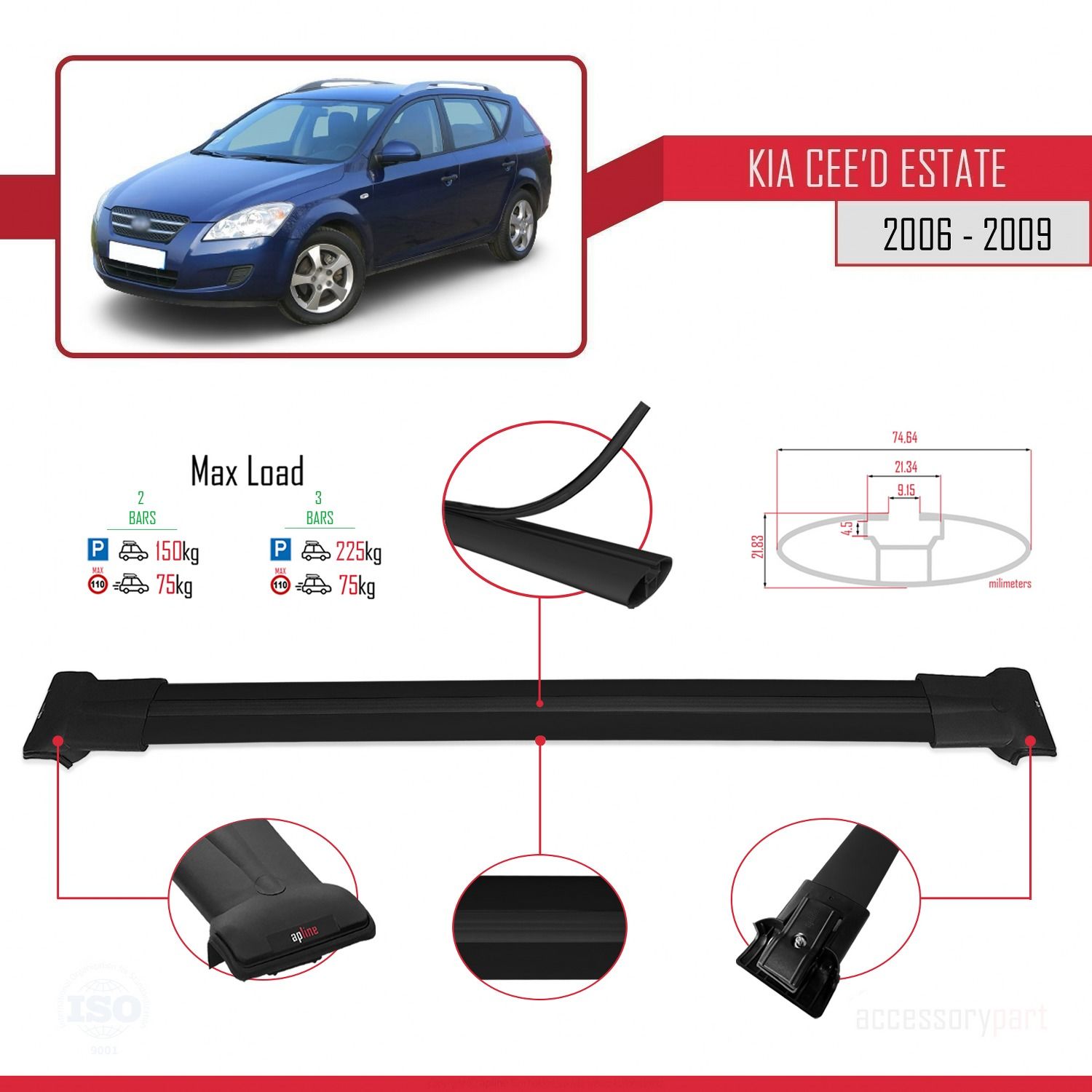 Kia Ceed SPORTSWAGON 2006-2009 Arası ile uyumlu FLY Model Ara Atkı Tavan Barı SİYAH