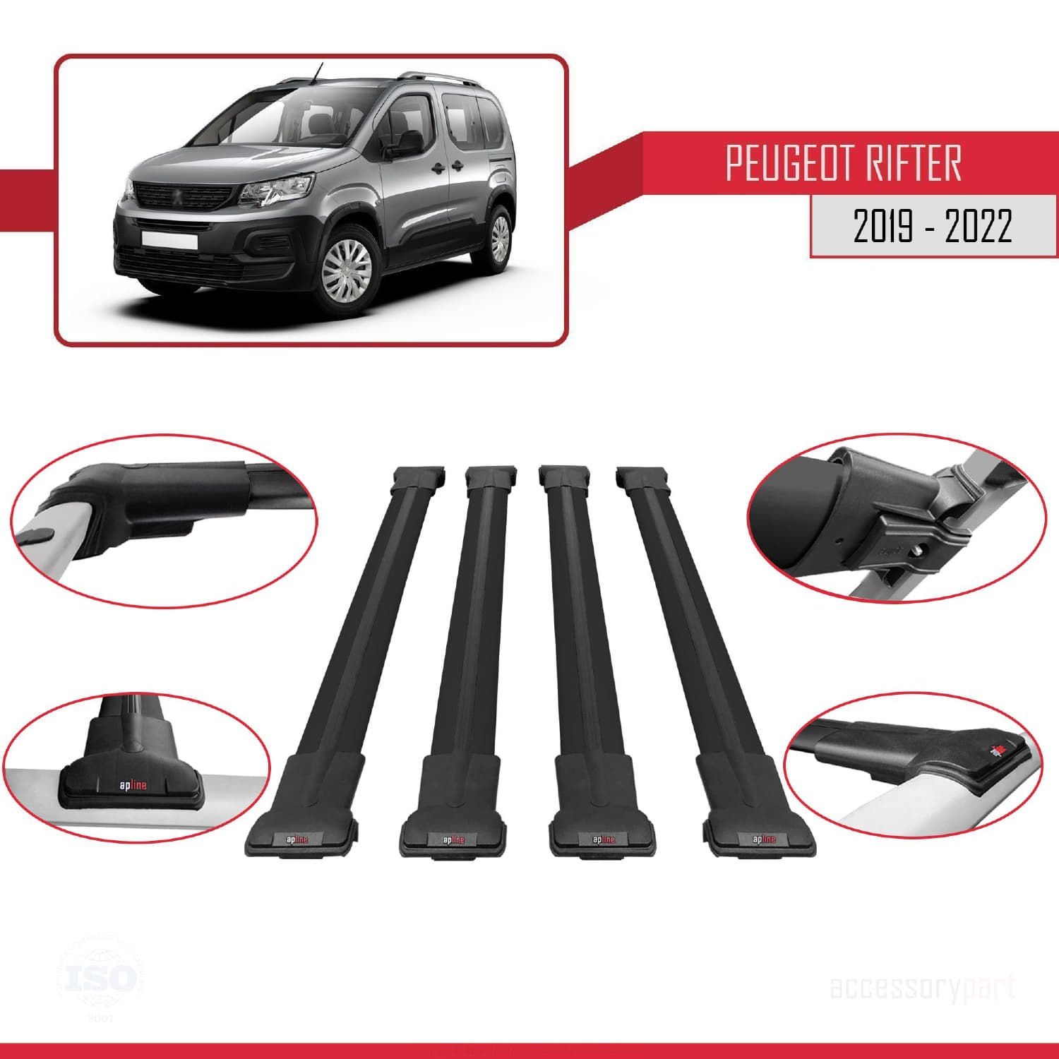 Peugeot Rifter 2019-2022 Arası ile uyumlu FLY Model Ara Atkı Tavan Barı SİYAH 4 ADET BAR